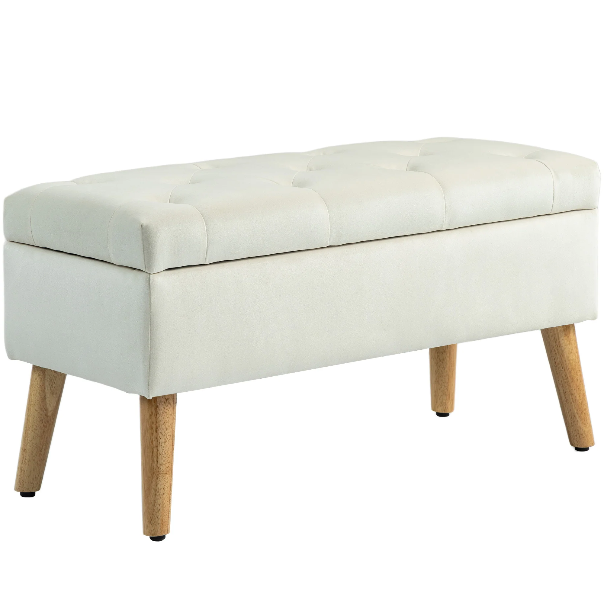 Banc de rangement, coffre de rangement, avec couvercle, tissu effet velours, pieds en bois, charge jusqu'à 120 kg, pour salon, chambre, entrée, 80 x 35 x 40 cm, crème - Image 11