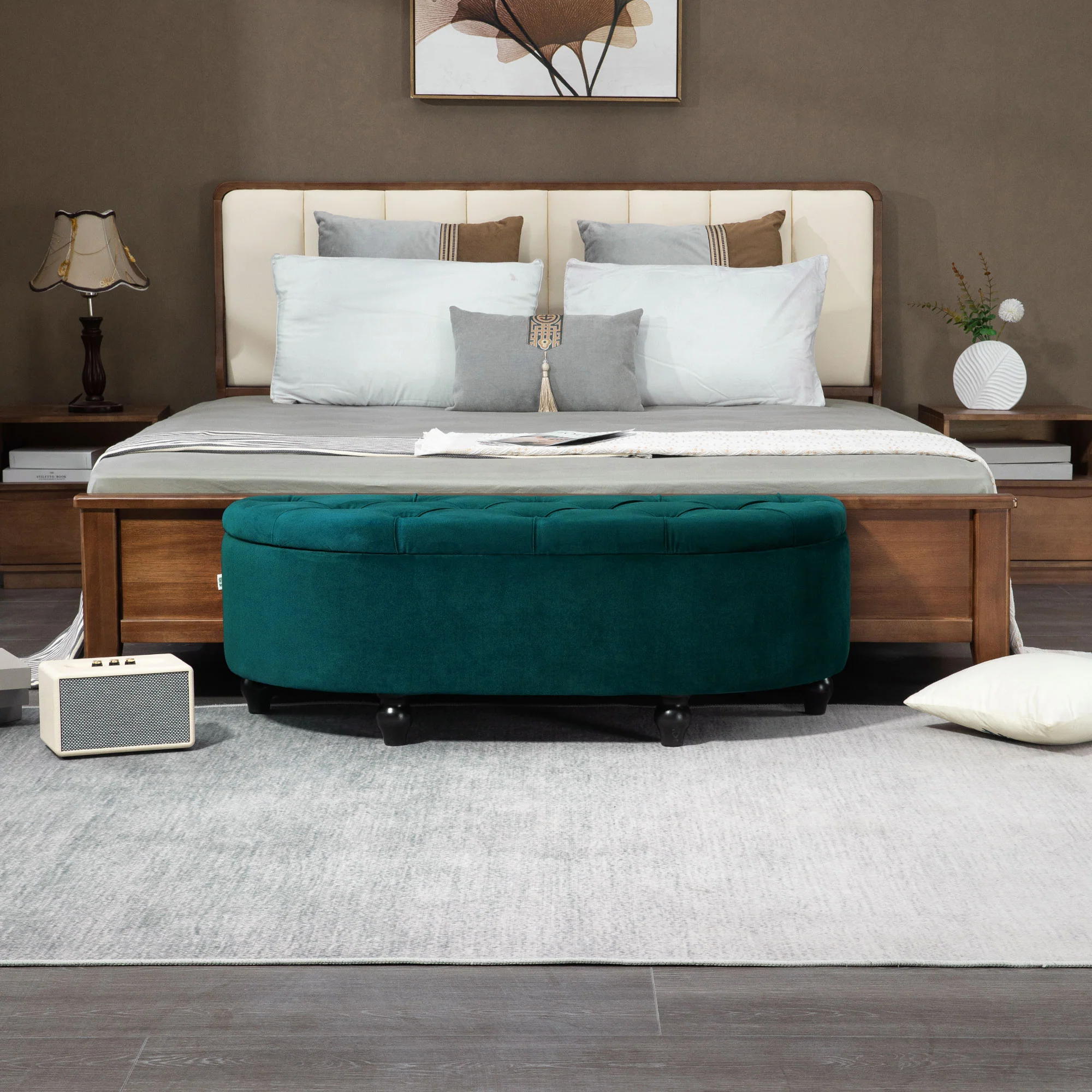 Banc de rangement, coffre de rangement design capitonné demi-cercle bout de lit avec revêtement velours, pieds en bois d'hévéa, pour salon, chambre, entrée, 120 x 46 x 42 cm, vert - Image 10
