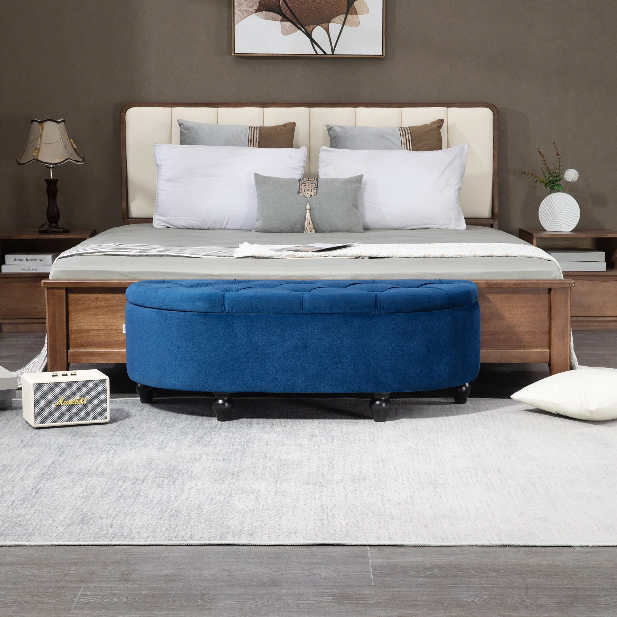 Banc de rangement, coffre de rangement design capitonné demi-cercle bout de lit avec revêtement velours, pieds en bois d'hévéa, pour salon, chambre, entrée, 120 x 46 x 42 cm, bleu - Image 10