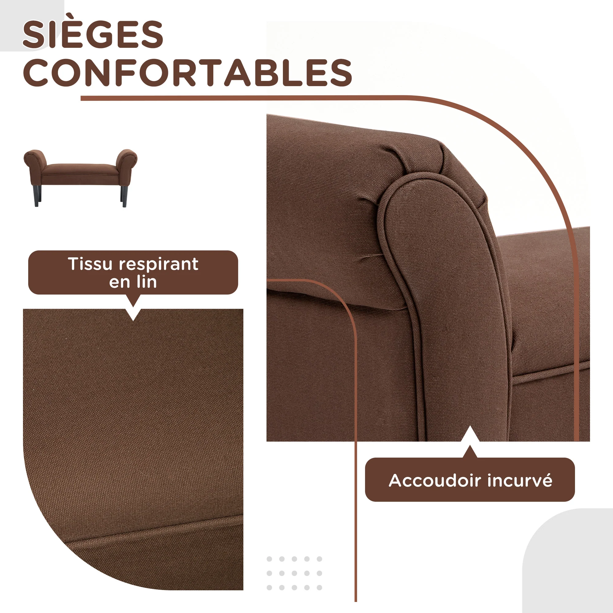 Banc Entrée Bout de Lit Rembourré pour Chambre à Coucher, Tissu à Voile, Marron, 102 x 36 x 51 cm - Image 5