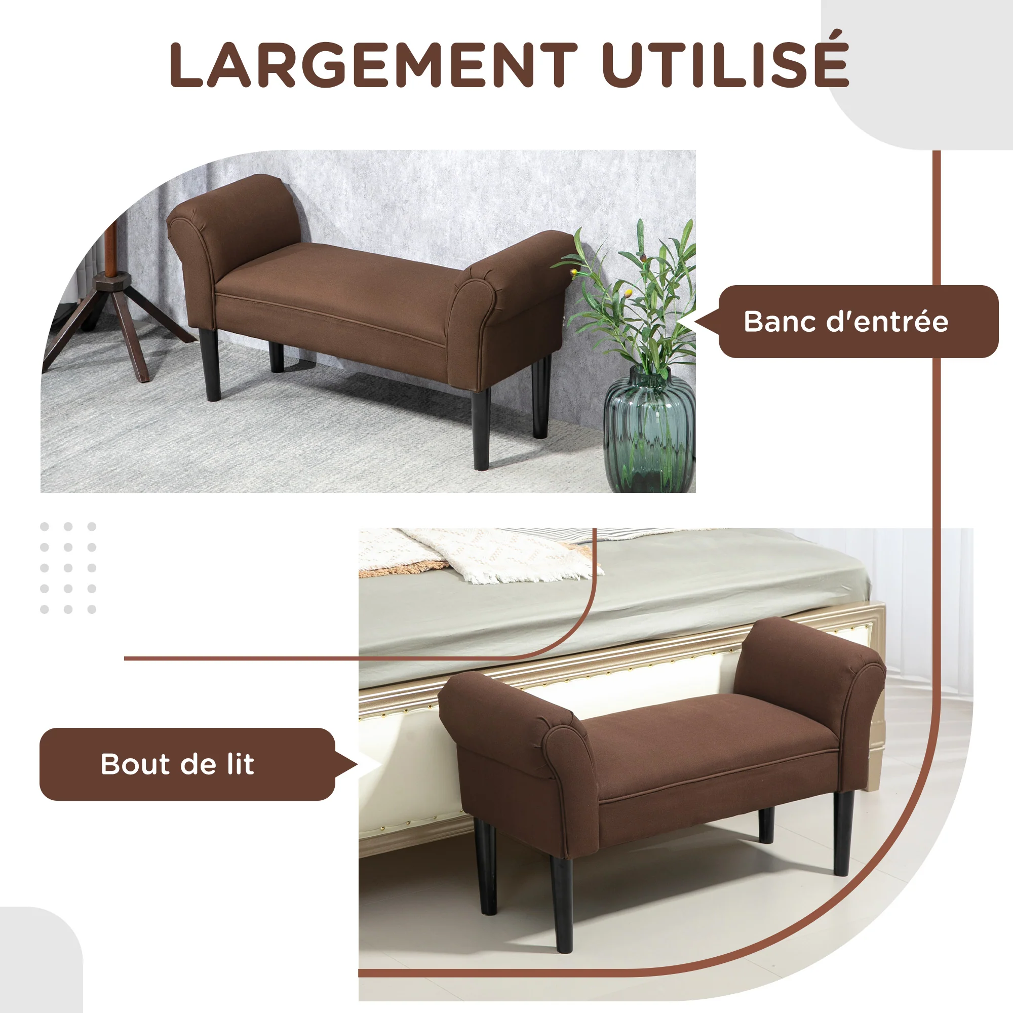 Banc Entrée Bout de Lit Rembourré pour Chambre à Coucher, Tissu à Voile, Marron, 102 x 36 x 51 cm - Image 6