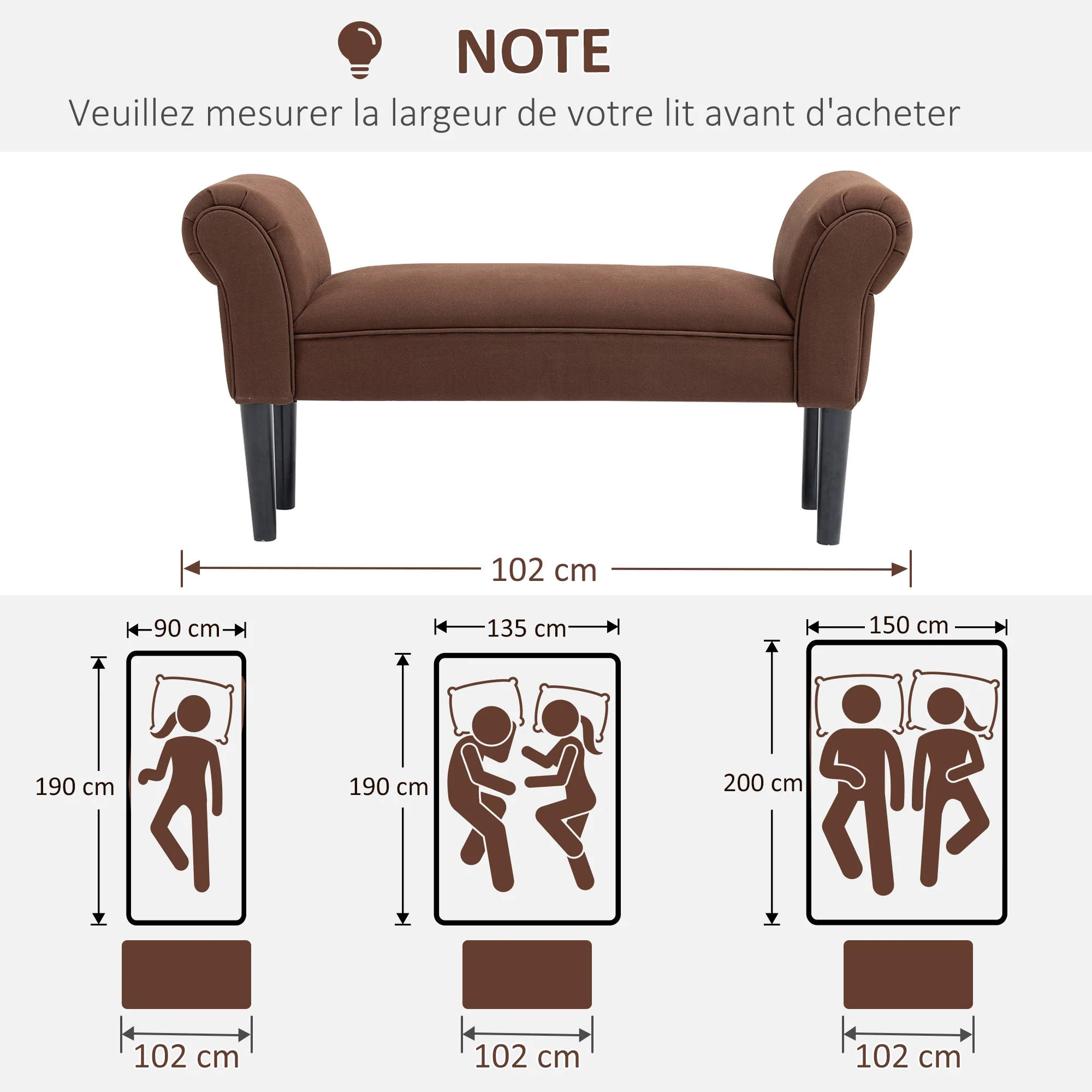 Banc Entrée Bout de Lit Rembourré pour Chambre à Coucher, Tissu à Voile, Marron, 102 x 36 x 51 cm - Image 7