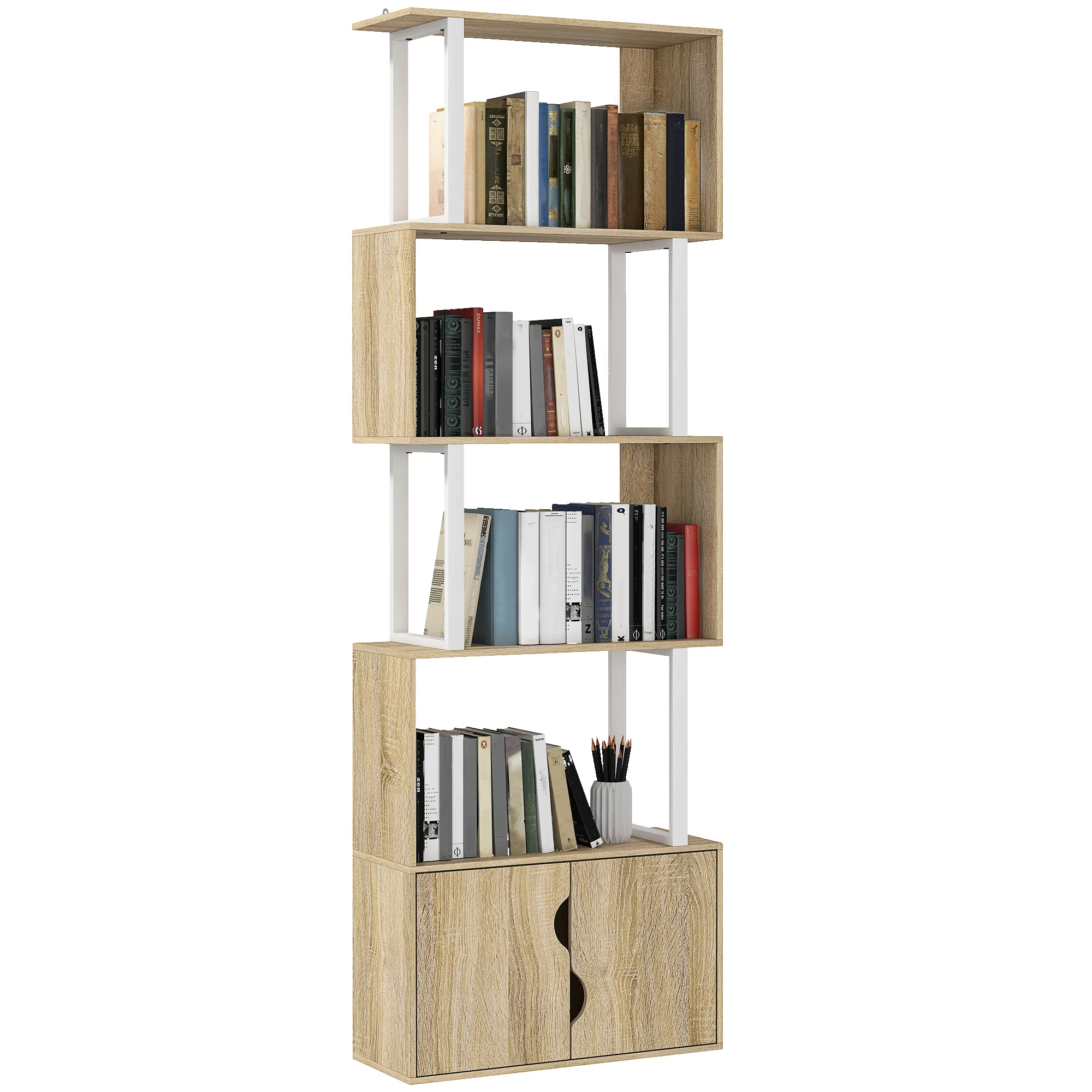 Bibliothèque à 5 niveaux, meuble de rangement en forme de S avec étagères et placard double porte, étagère de rangement pour salon, chambre bureau, 60 x 23,8 x 179,2 cm, effet bois naturel - Image 11