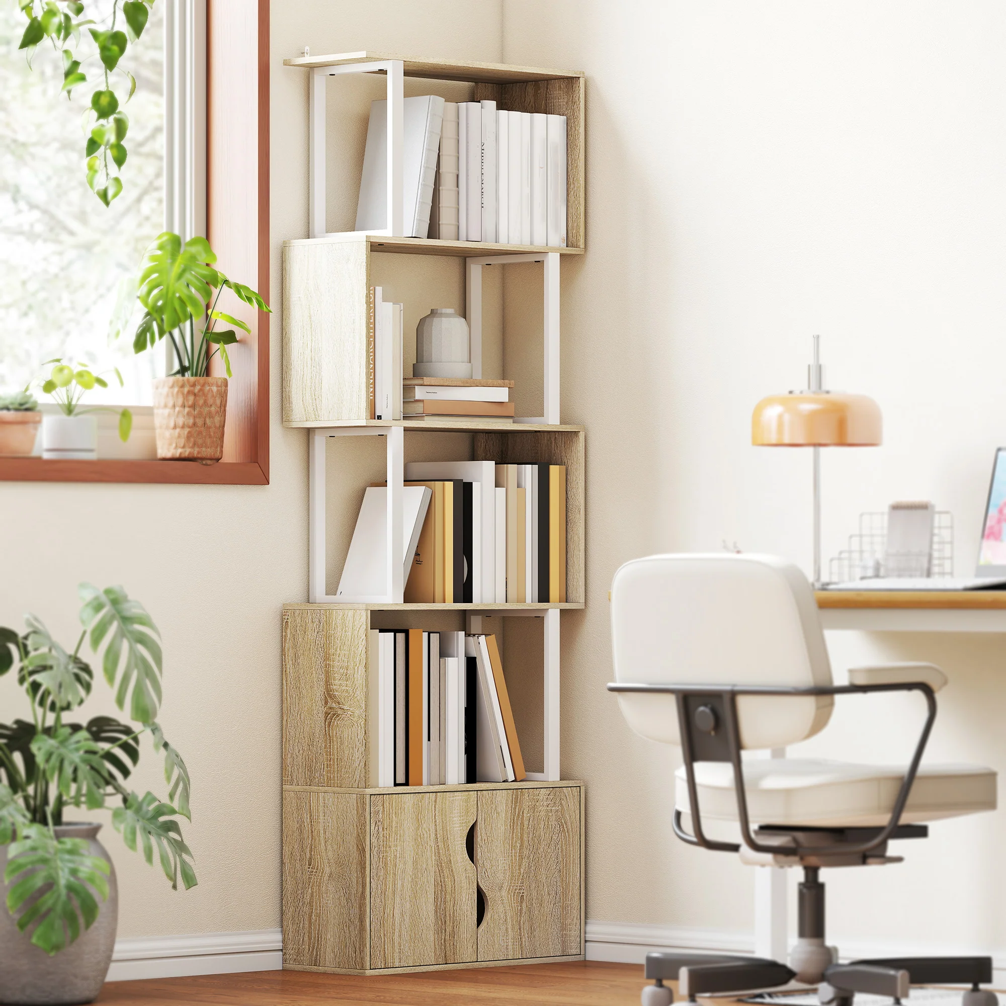 Bibliothèque à 5 niveaux, meuble de rangement en forme de S avec étagères et placard double porte, étagère de rangement pour salon, chambre bureau, 60 x 23,8 x 179,2 cm, effet bois naturel - Image 3