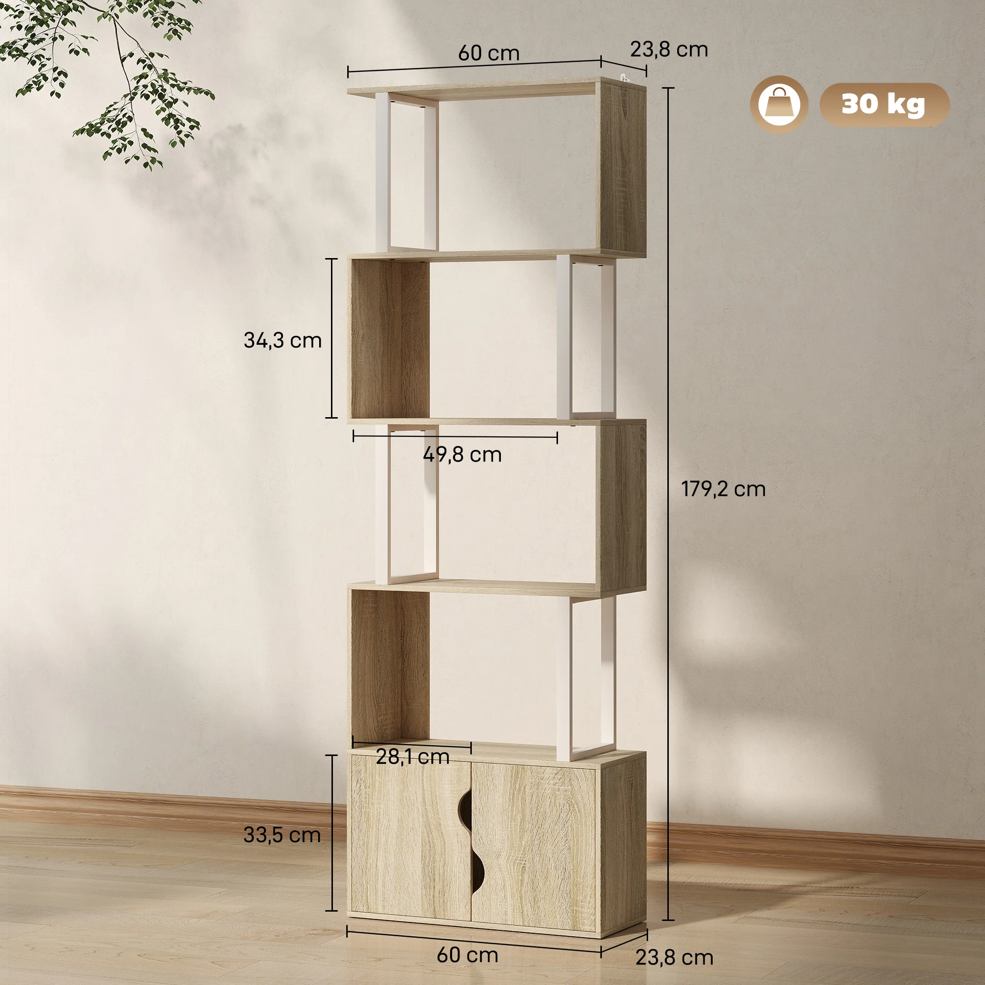 Bibliothèque à 5 niveaux, meuble de rangement en forme de S avec étagères et placard double porte, étagère de rangement pour salon, chambre bureau, 60 x 23,8 x 179,2 cm, effet bois naturel - Image 4