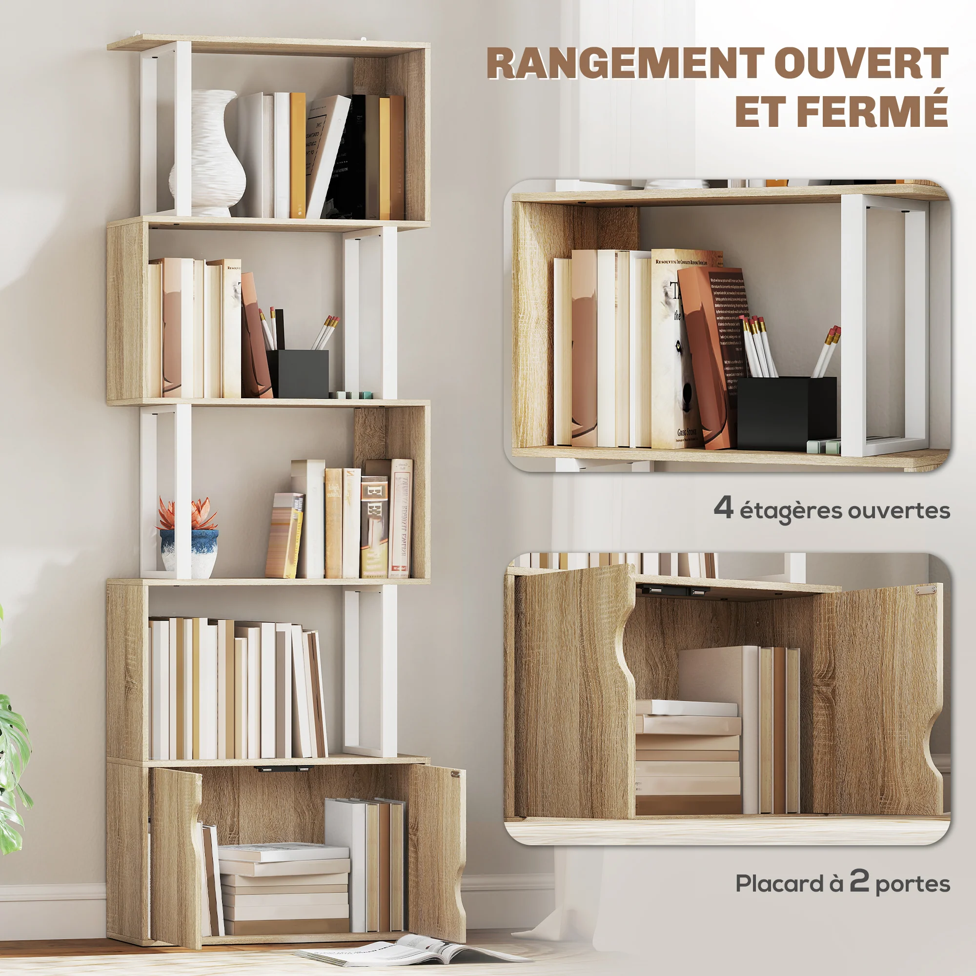 Bibliothèque à 5 niveaux, meuble de rangement en forme de S avec étagères et placard double porte, étagère de rangement pour salon, chambre bureau, 60 x 23,8 x 179,2 cm, effet bois naturel - Image 5