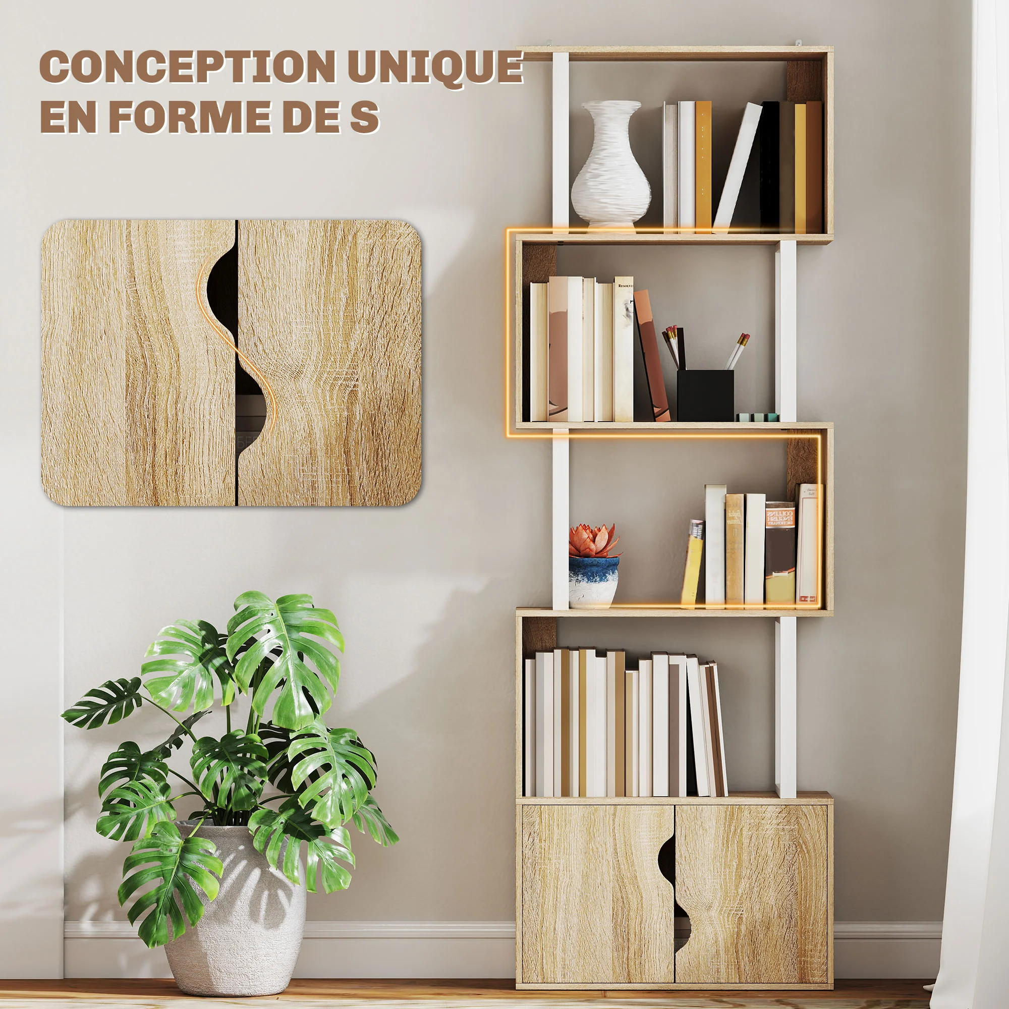 Bibliothèque à 5 niveaux, meuble de rangement en forme de S avec étagères et placard double porte, étagère de rangement pour salon, chambre bureau, 60 x 23,8 x 179,2 cm, effet bois naturel - Image 6
