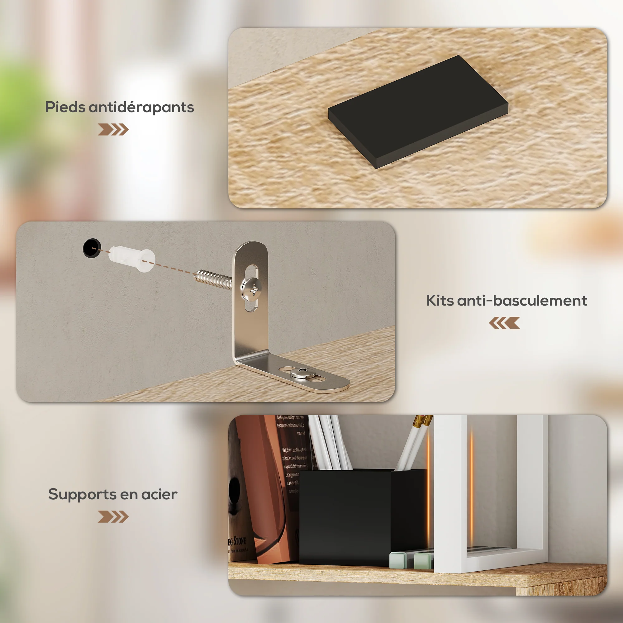 Bibliothèque à 5 niveaux, meuble de rangement en forme de S avec étagères et placard double porte, étagère de rangement pour salon, chambre bureau, 60 x 23,8 x 179,2 cm, effet bois naturel - Image 7