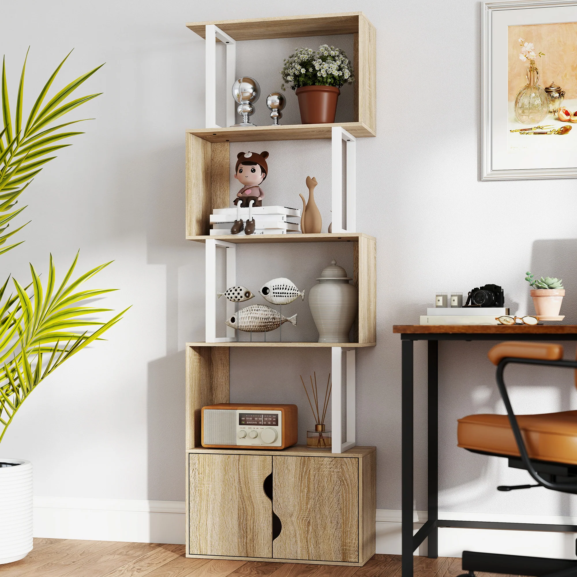 Bibliothèque à 5 niveaux, meuble de rangement en forme de S avec étagères et placard double porte, étagère de rangement pour salon, chambre bureau, 60 x 23,8 x 179,2 cm, effet bois naturel - Image 8
