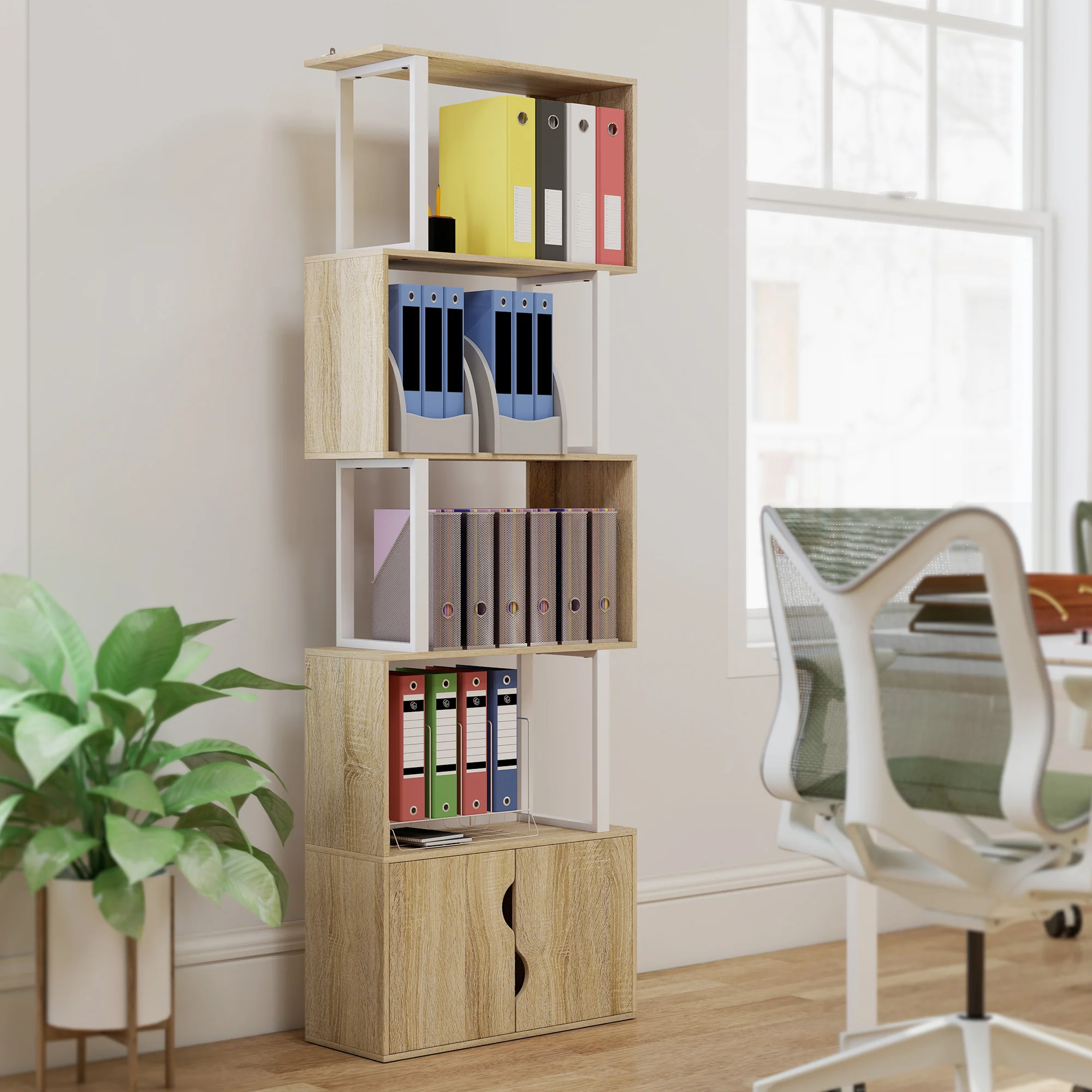 Bibliothèque à 5 niveaux, meuble de rangement en forme de S avec étagères et placard double porte, étagère de rangement pour salon, chambre bureau, 60 x 23,8 x 179,2 cm, effet bois naturel - Image 9