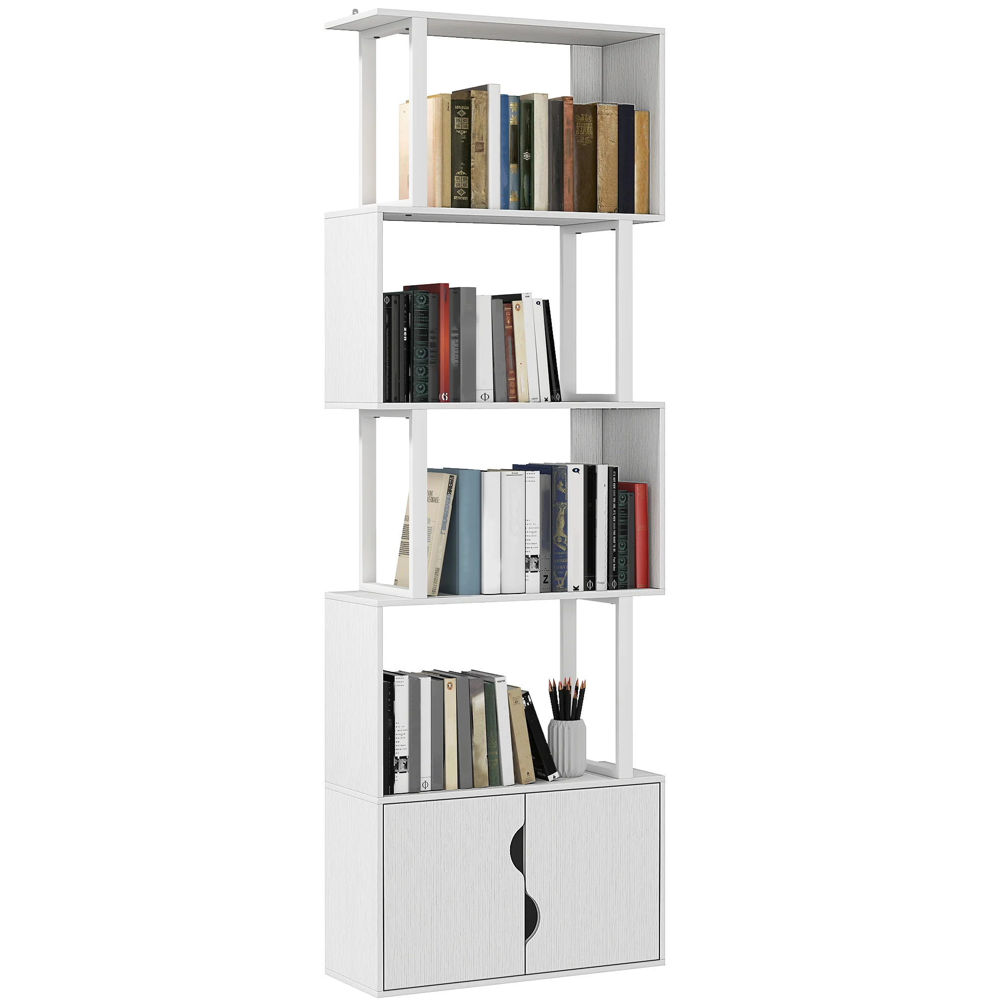 Bibliothèque à 5 niveaux, meuble de rangement en forme de S avec étagères et placard double porte, étagère de rangement pour salon, chambre bureau, 60 x 23,8 x 179,2 cm, blanc - Image 11