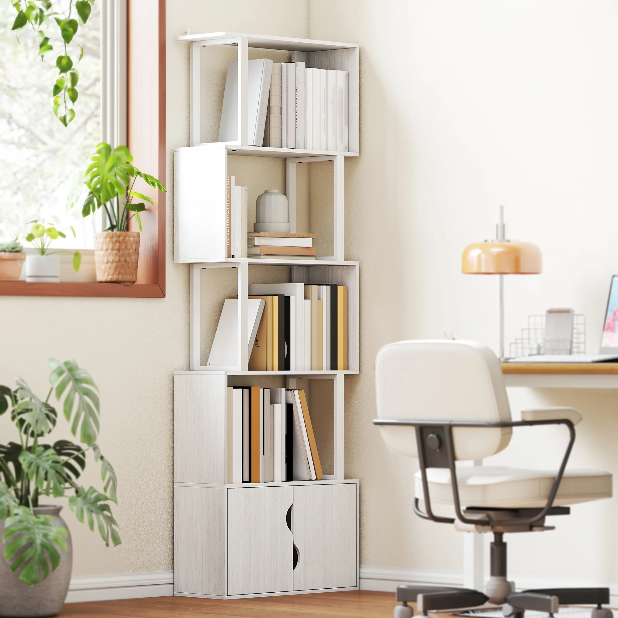 Bibliothèque à 5 niveaux, meuble de rangement en forme de S avec étagères et placard double porte, étagère de rangement pour salon, chambre bureau, 60 x 23,8 x 179,2 cm, blanc - Image 3