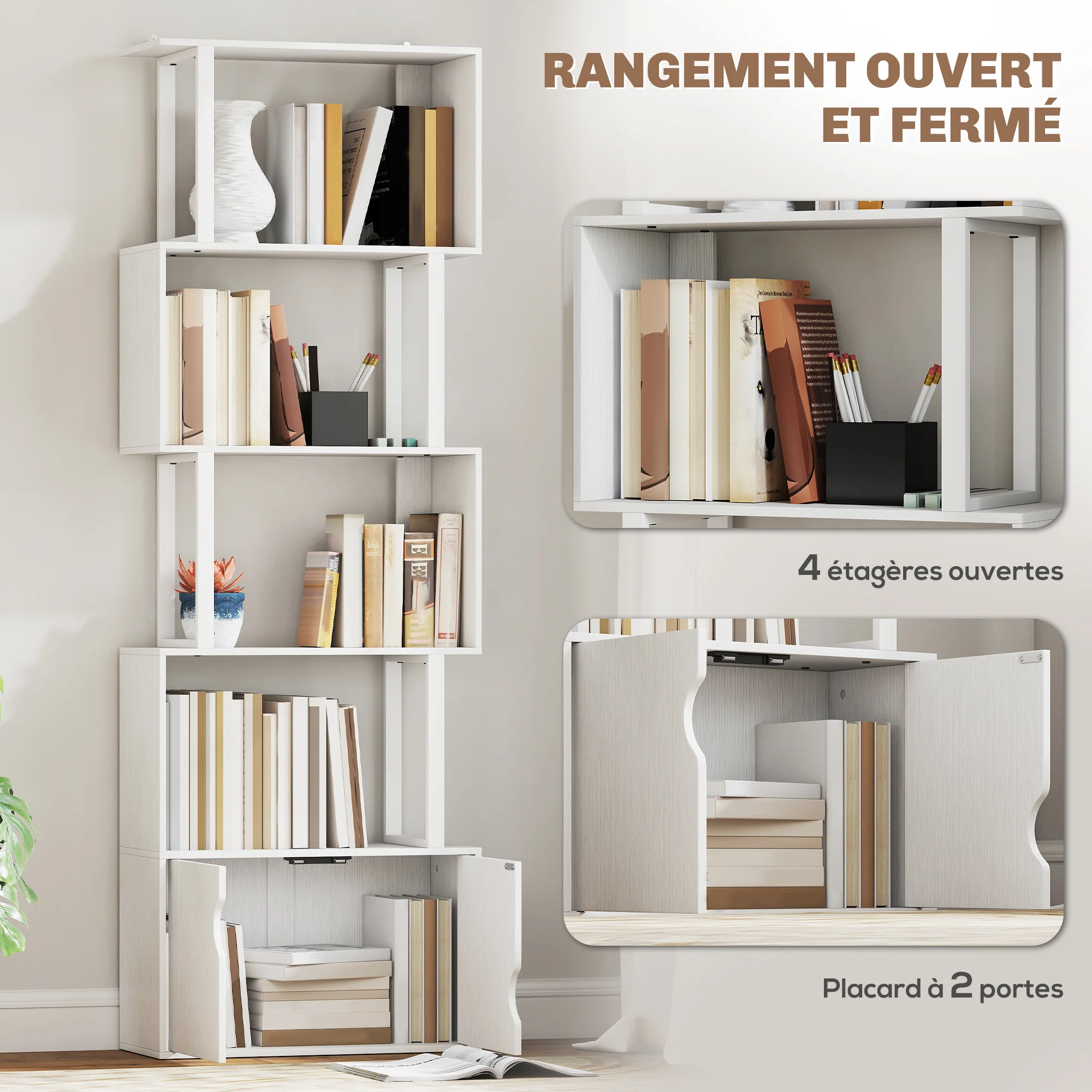 Bibliothèque à 5 niveaux, meuble de rangement en forme de S avec étagères et placard double porte, étagère de rangement pour salon, chambre bureau, 60 x 23,8 x 179,2 cm, blanc - Image 5