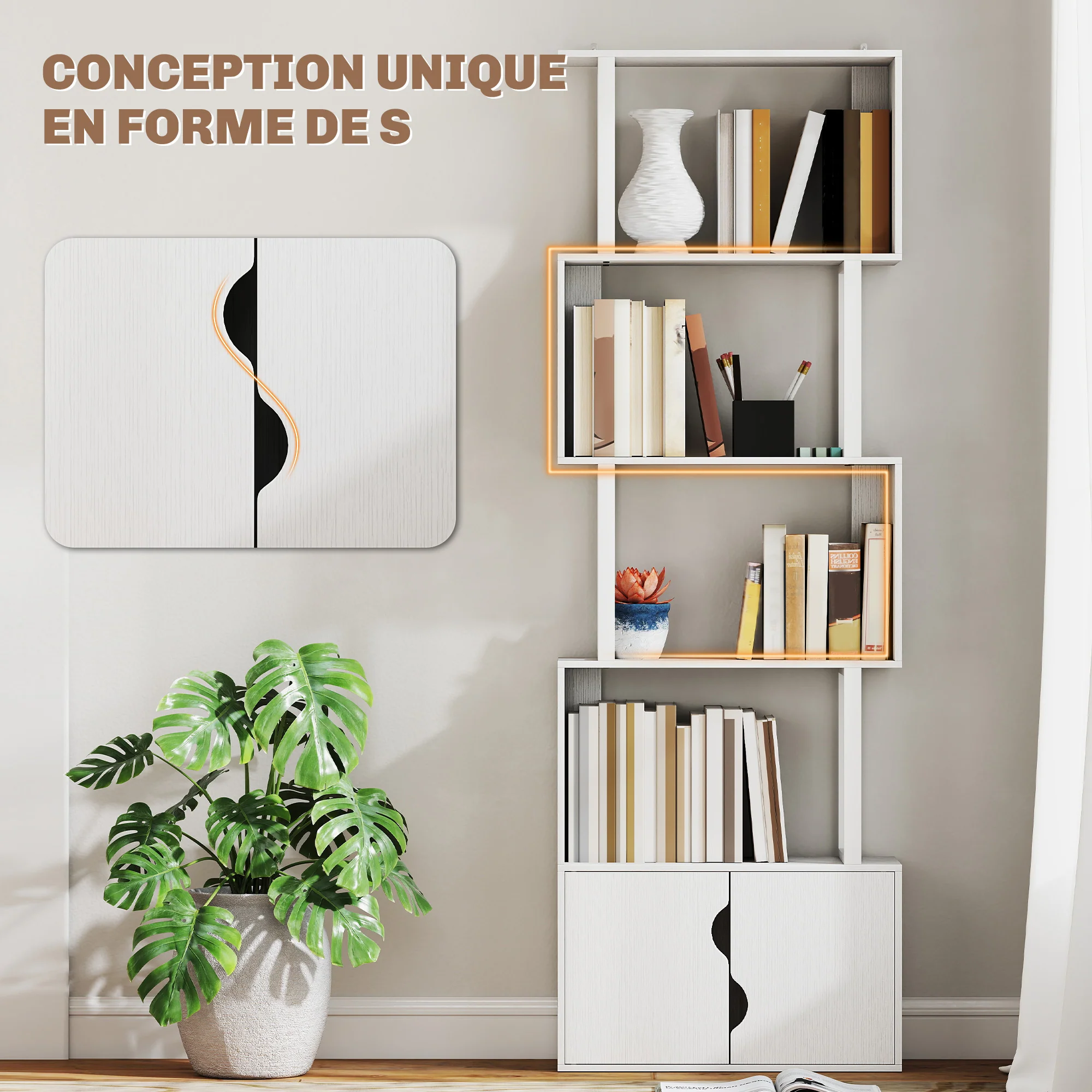 Bibliothèque à 5 niveaux, meuble de rangement en forme de S avec étagères et placard double porte, étagère de rangement pour salon, chambre bureau, 60 x 23,8 x 179,2 cm, blanc - Image 6