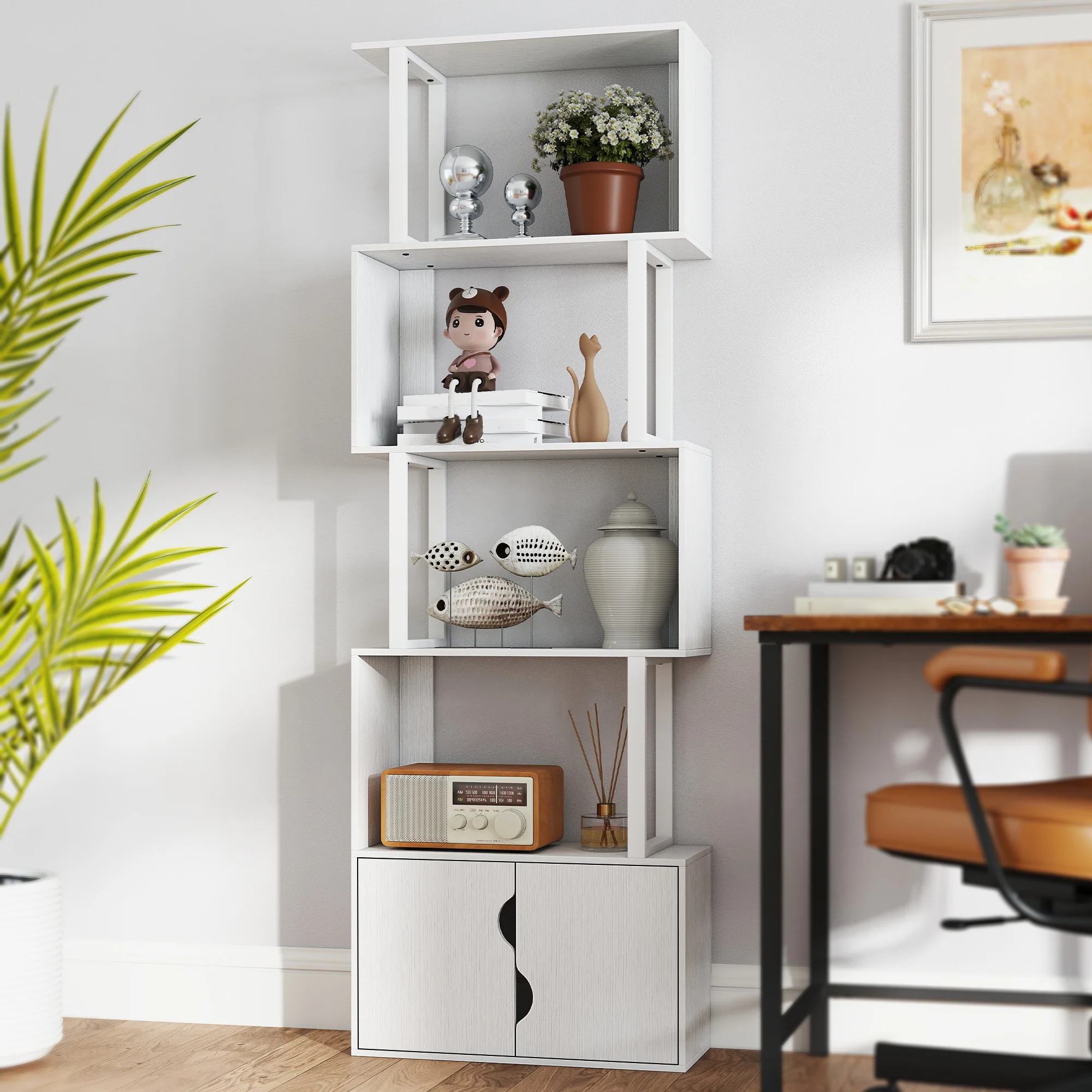 Bibliothèque à 5 niveaux, meuble de rangement en forme de S avec étagères et placard double porte, étagère de rangement pour salon, chambre bureau, 60 x 23,8 x 179,2 cm, blanc - Image 8