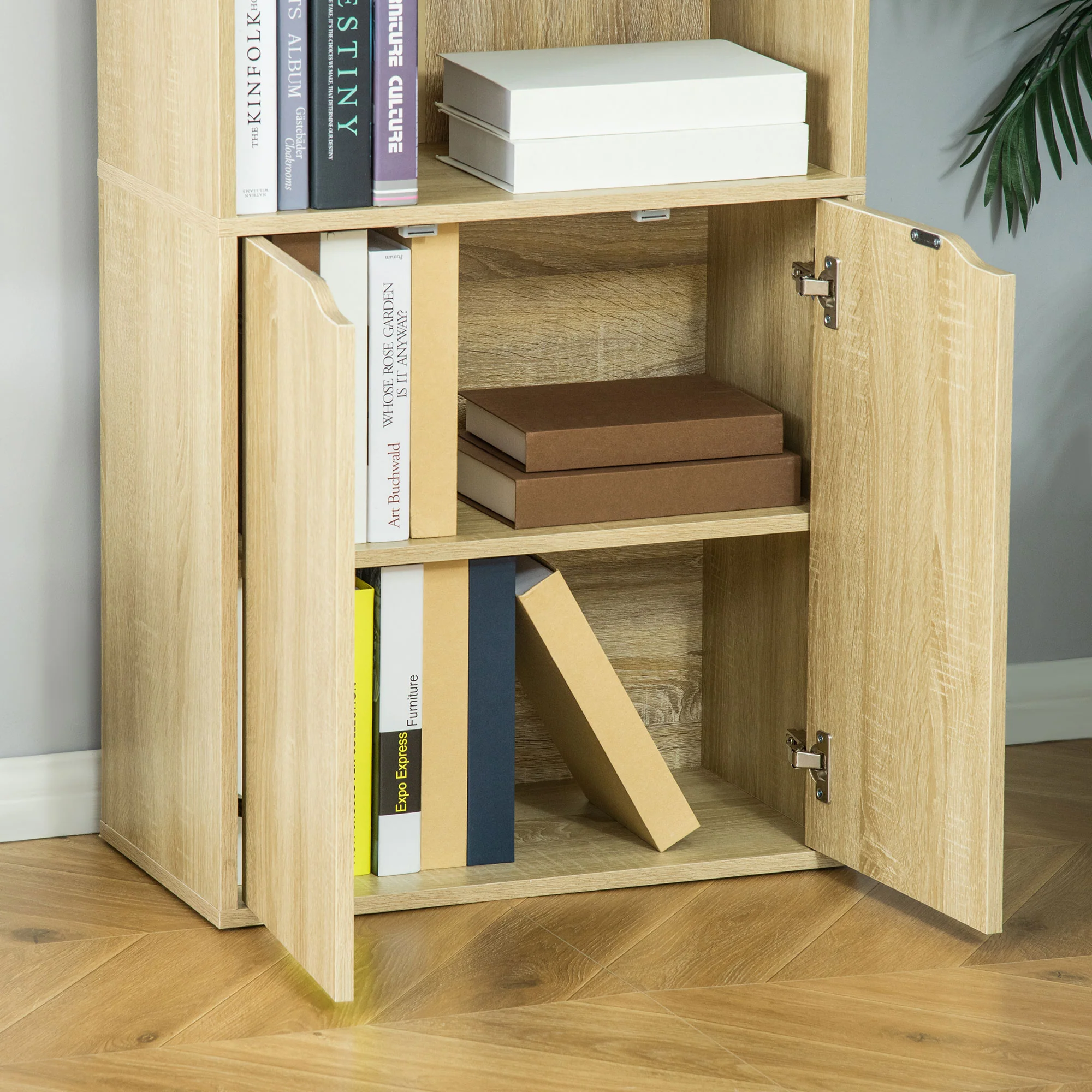 Bibliothèque à 6 niveaux, meuble de rangement, étagère à livres 59 x 29 x 180 cm avec 4 compartiments ouverts et 2 portes, étagère de rangement pour salon, chambre, bureau, bois naturel - Image 10