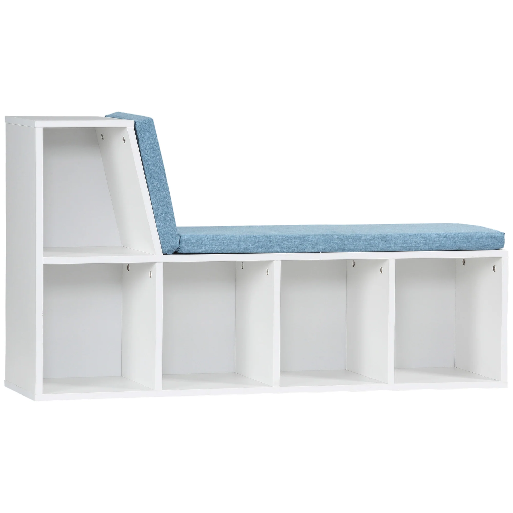 Bibliothèque banc 2 en 1 avec 5 compartiments de rangement et 2 coussins étagère de rangement livres 108 x 30 x 60 cm blanc bleu - Image 11