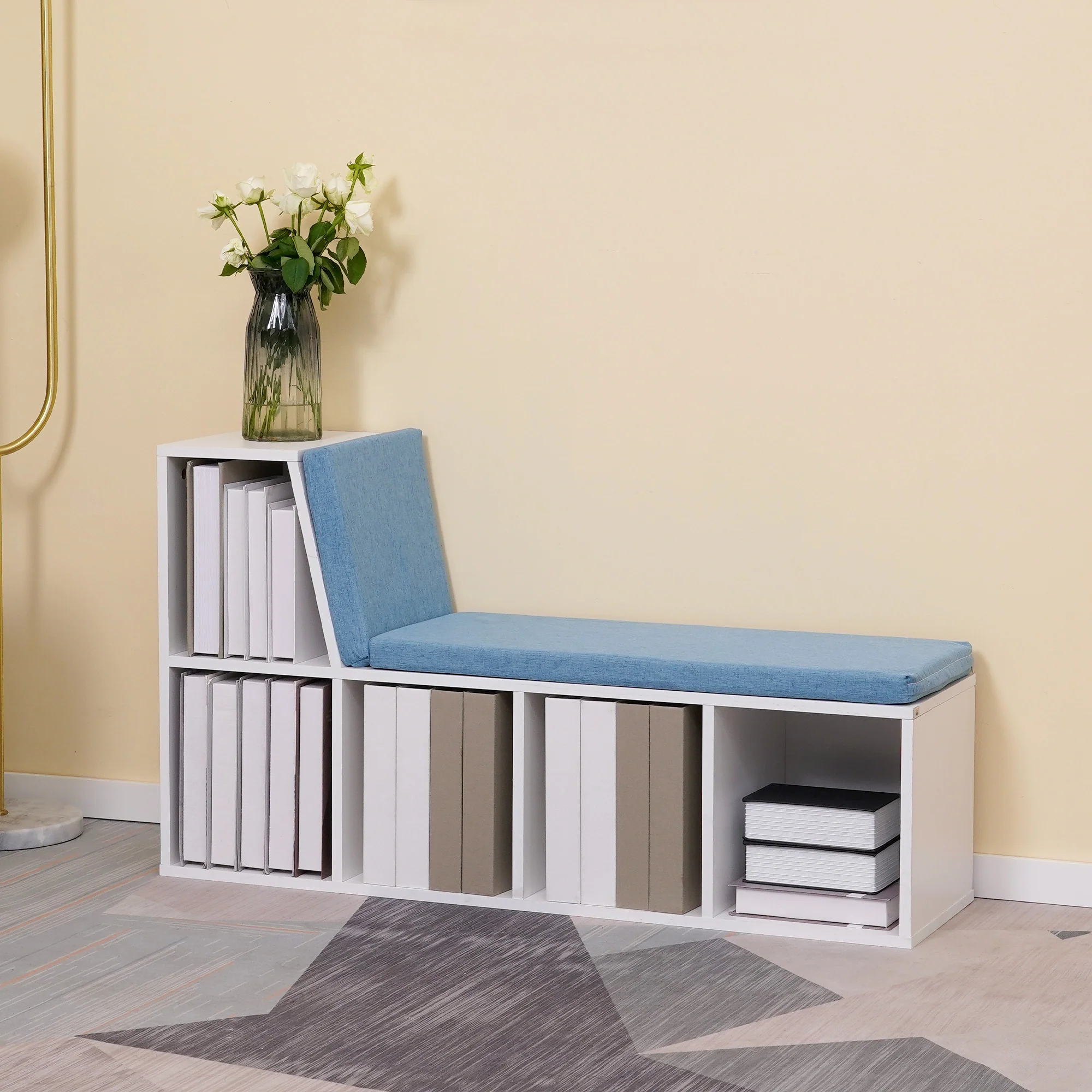 Bibliothèque banc 2 en 1 avec 5 compartiments de rangement et 2 coussins étagère de rangement livres 108 x 30 x 60 cm blanc bleu - Image 3