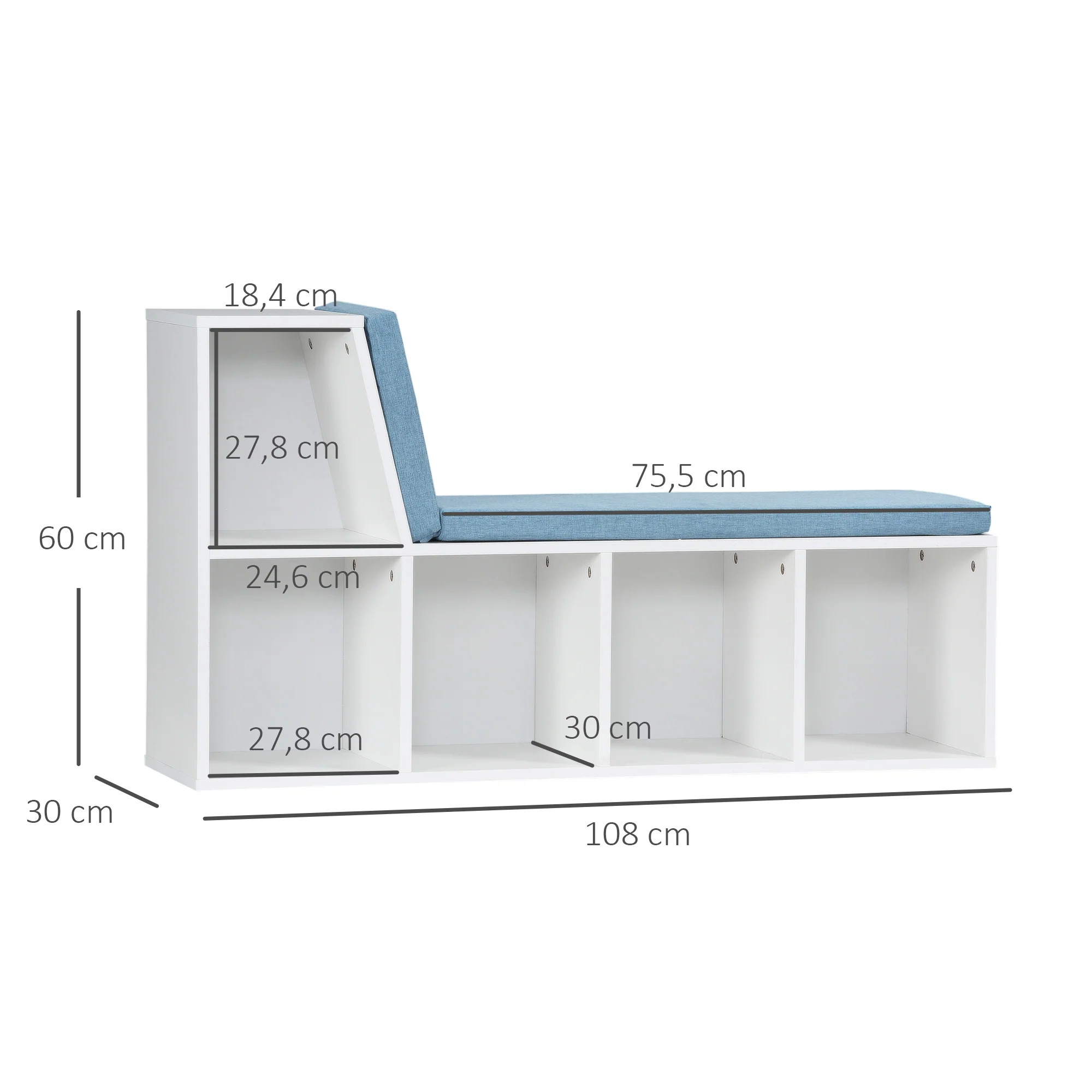 Bibliothèque banc 2 en 1 avec 5 compartiments de rangement et 2 coussins étagère de rangement livres 108 x 30 x 60 cm blanc bleu - Image 4