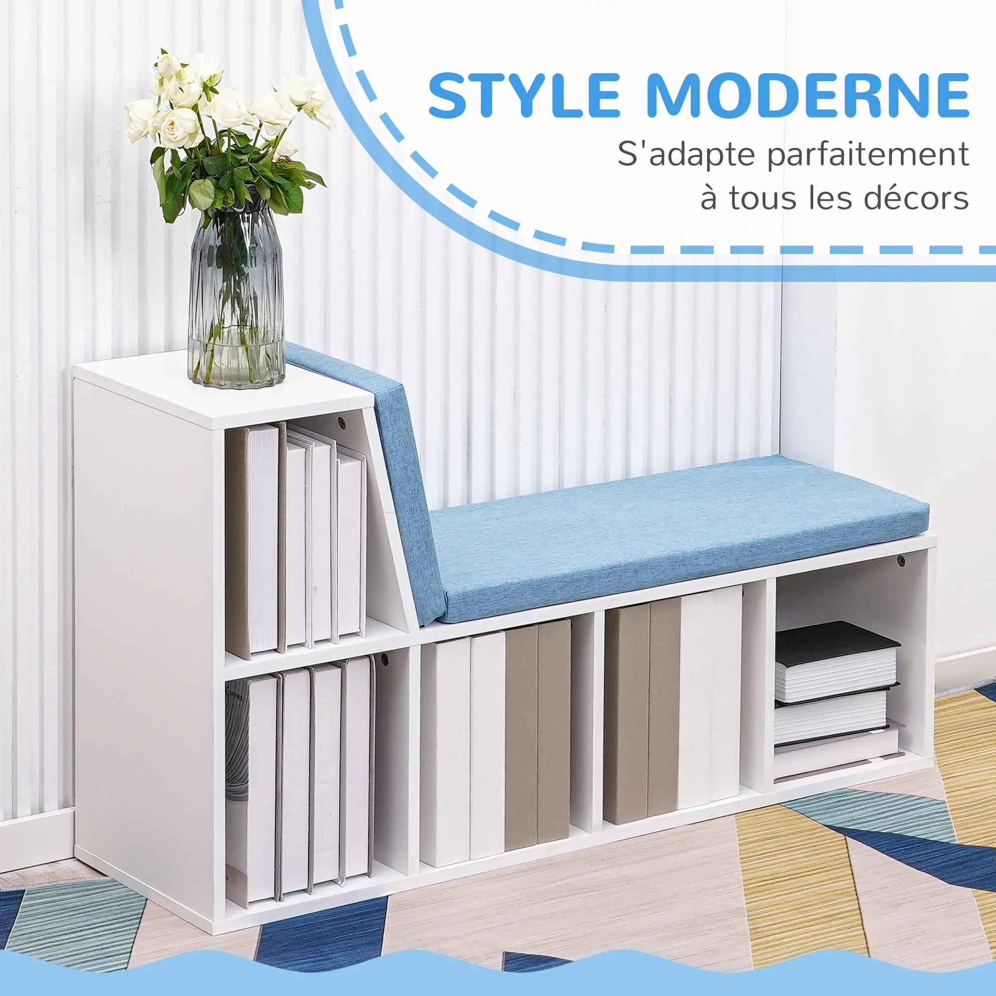 Bibliothèque banc 2 en 1 avec 5 compartiments de rangement et 2 coussins étagère de rangement livres 108 x 30 x 60 cm blanc bleu - Image 5