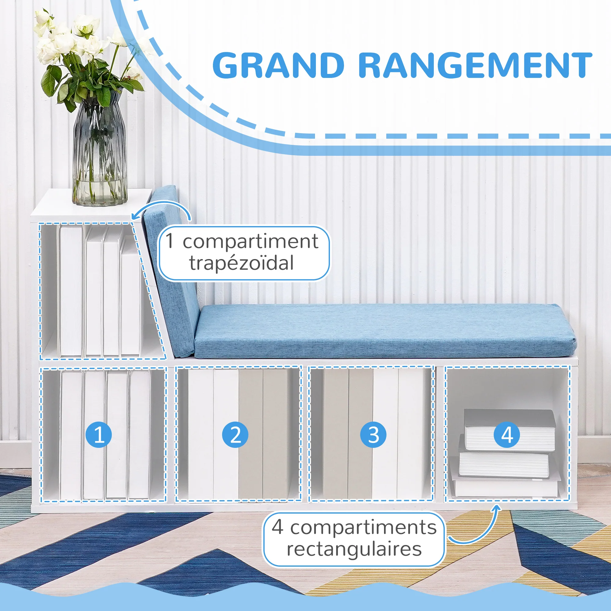 Bibliothèque banc 2 en 1 avec 5 compartiments de rangement et 2 coussins étagère de rangement livres 108 x 30 x 60 cm blanc bleu - Image 6