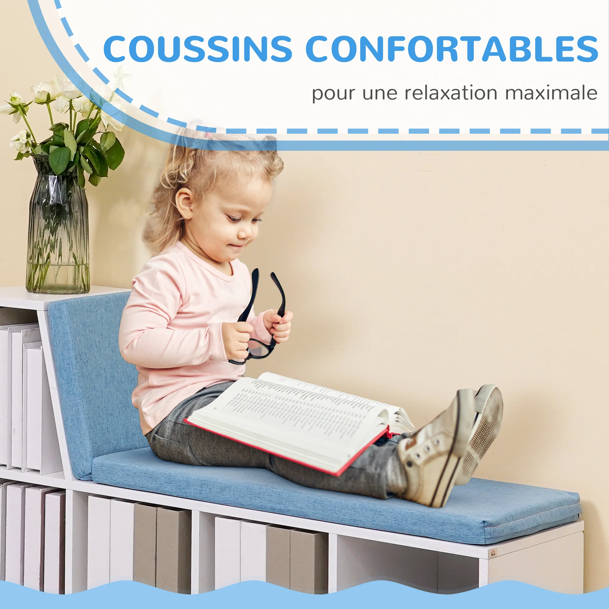 Bibliothèque banc 2 en 1 avec 5 compartiments de rangement et 2 coussins étagère de rangement livres 108 x 30 x 60 cm blanc bleu - Image 7
