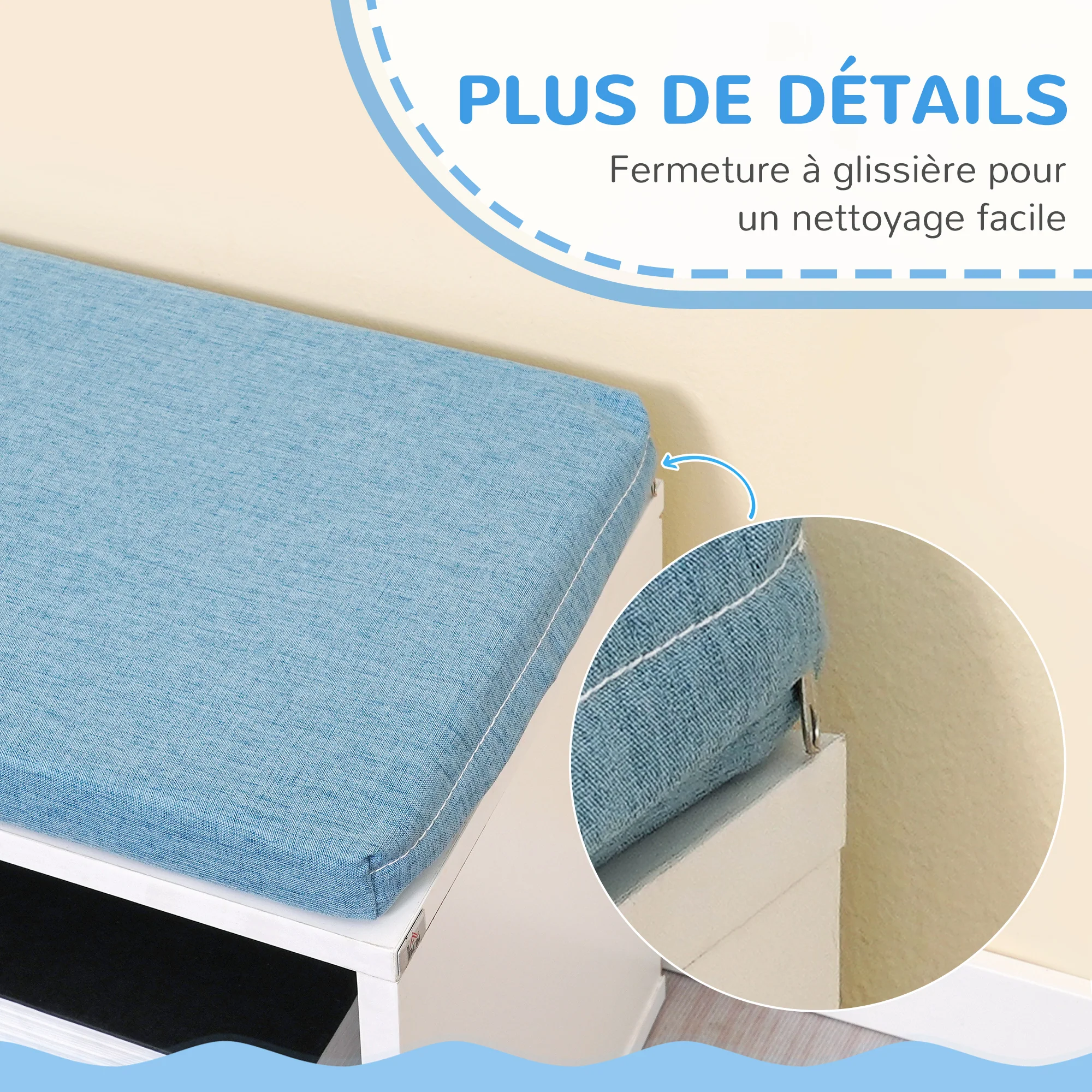 Bibliothèque banc 2 en 1 avec 5 compartiments de rangement et 2 coussins étagère de rangement livres 108 x 30 x 60 cm blanc bleu - Image 8
