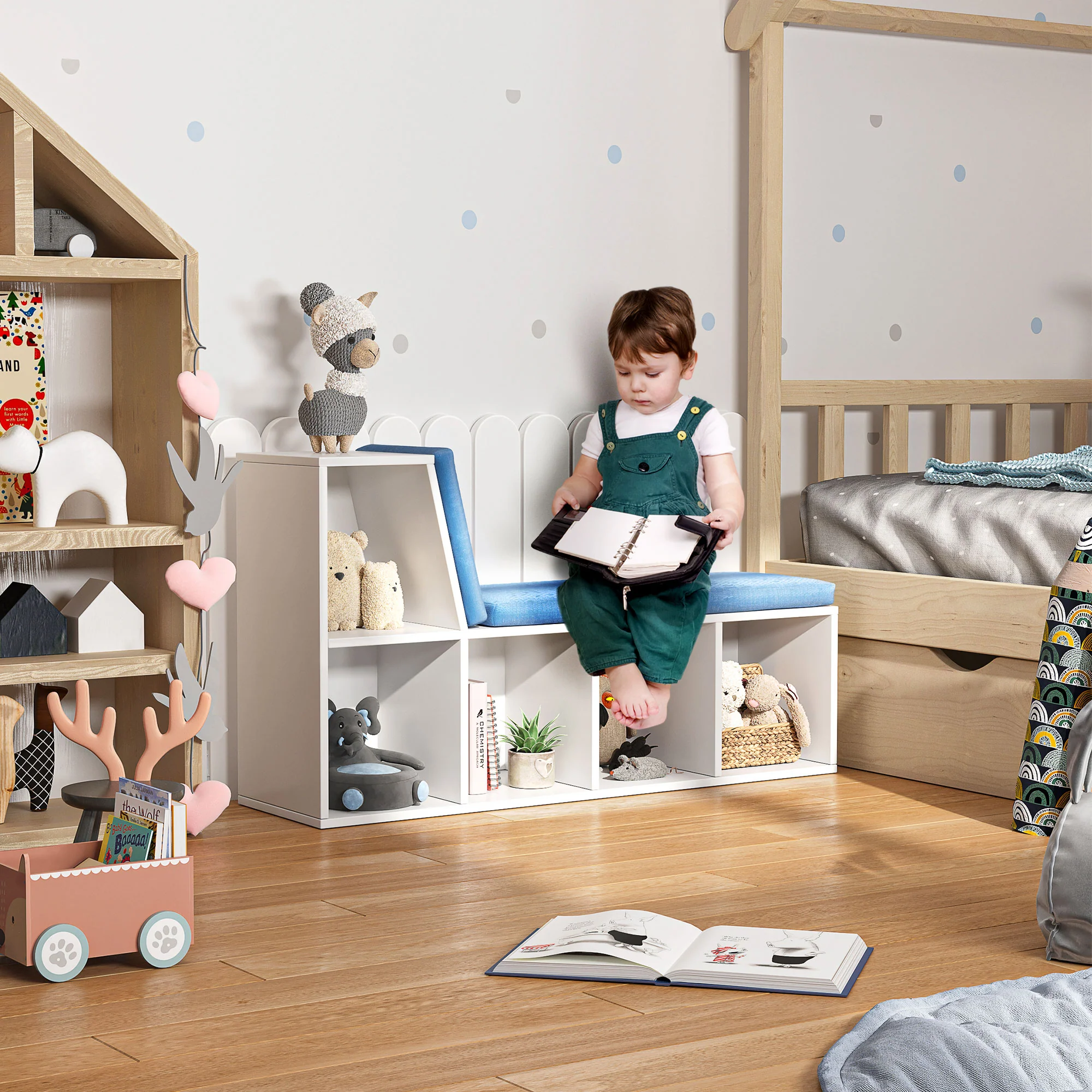 Bibliothèque banc 2 en 1 avec 5 compartiments de rangement et 2 coussins étagère de rangement livres 108 x 30 x 60 cm blanc bleu - Image 9