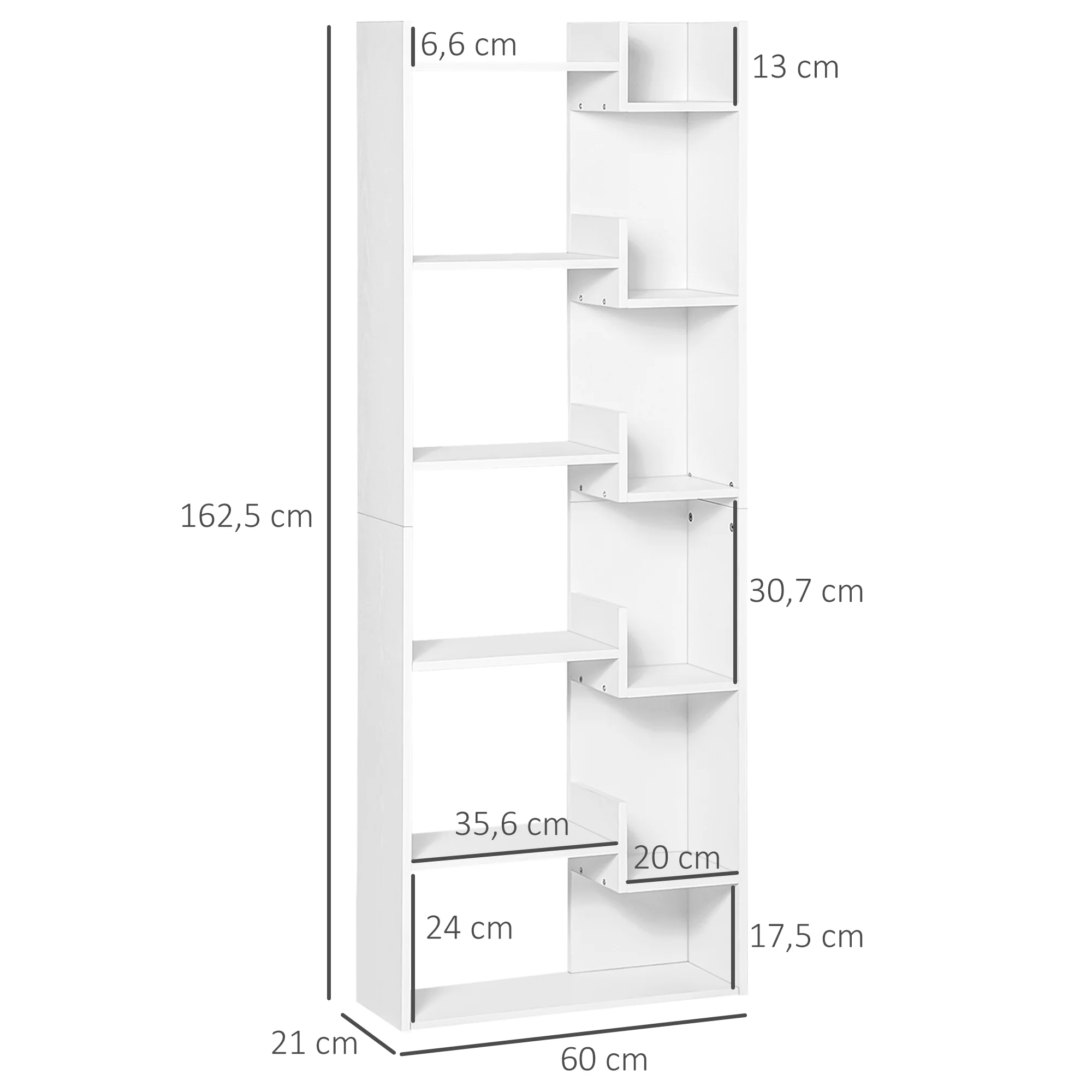 Bibliothèque, étagère de rangement à 6 niveaux, bibliothèque haute, étagère à livres moderne, design irrégulier, pour salon, chambre, bureau, 60 x 21 x 162,5 cm, blanc - Image 4