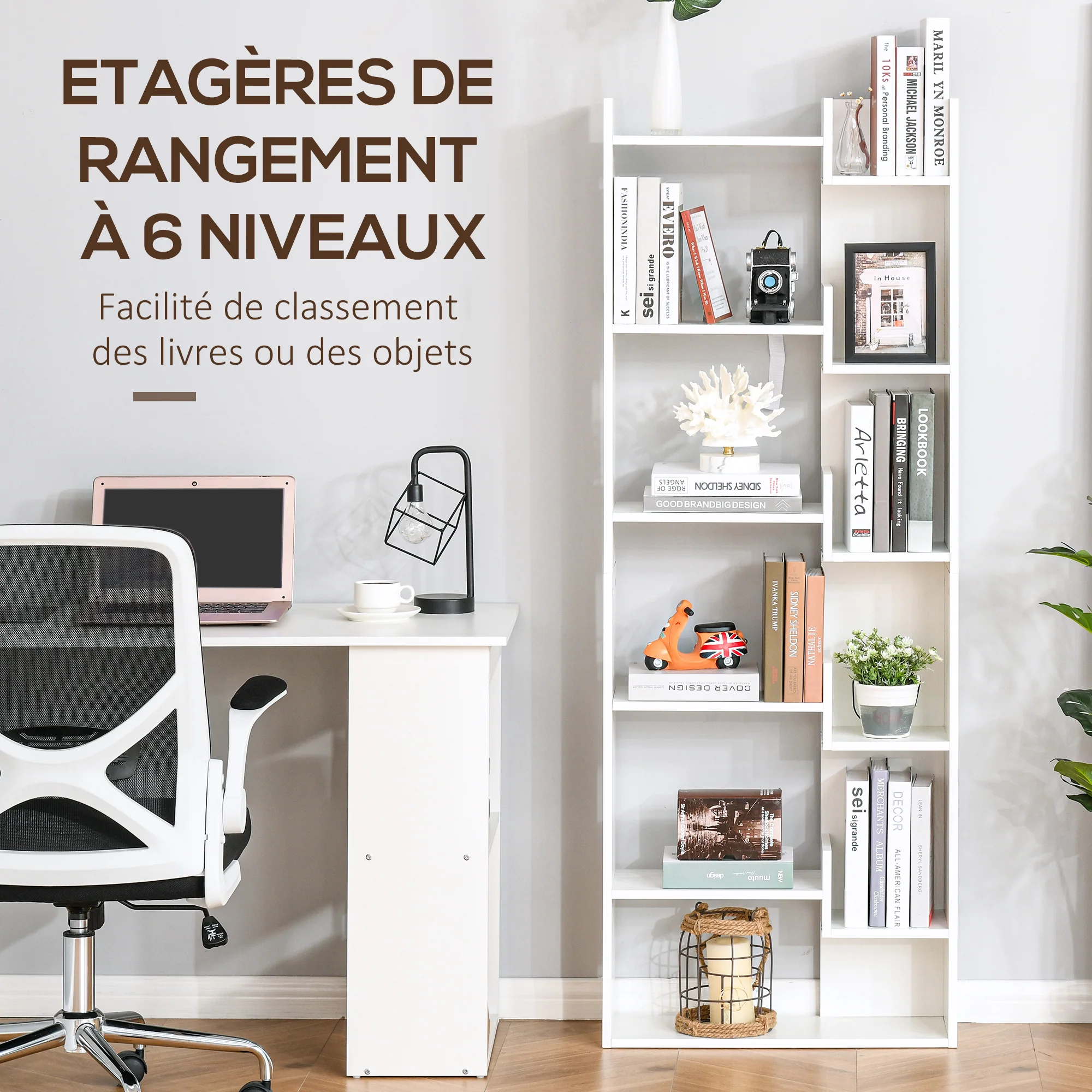 Bibliothèque, étagère de rangement à 6 niveaux, bibliothèque haute, étagère à livres moderne, design irrégulier, pour salon, chambre, bureau, 60 x 21 x 162,5 cm, blanc - Image 5