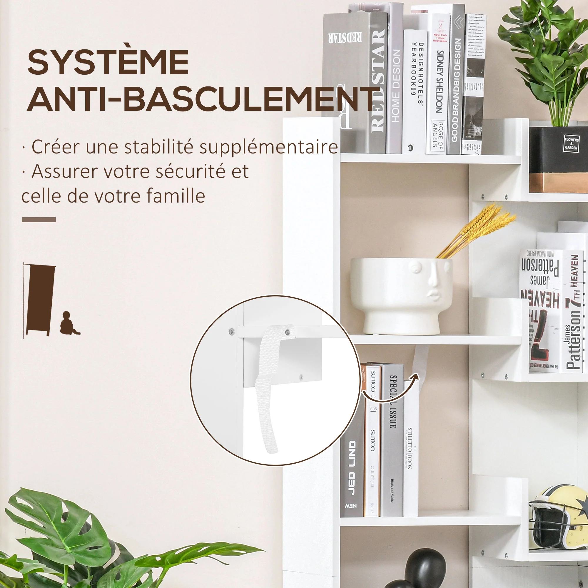 Bibliothèque, étagère de rangement à 6 niveaux, bibliothèque haute, étagère à livres moderne, design irrégulier, pour salon, chambre, bureau, 60 x 21 x 162,5 cm, blanc - Image 7