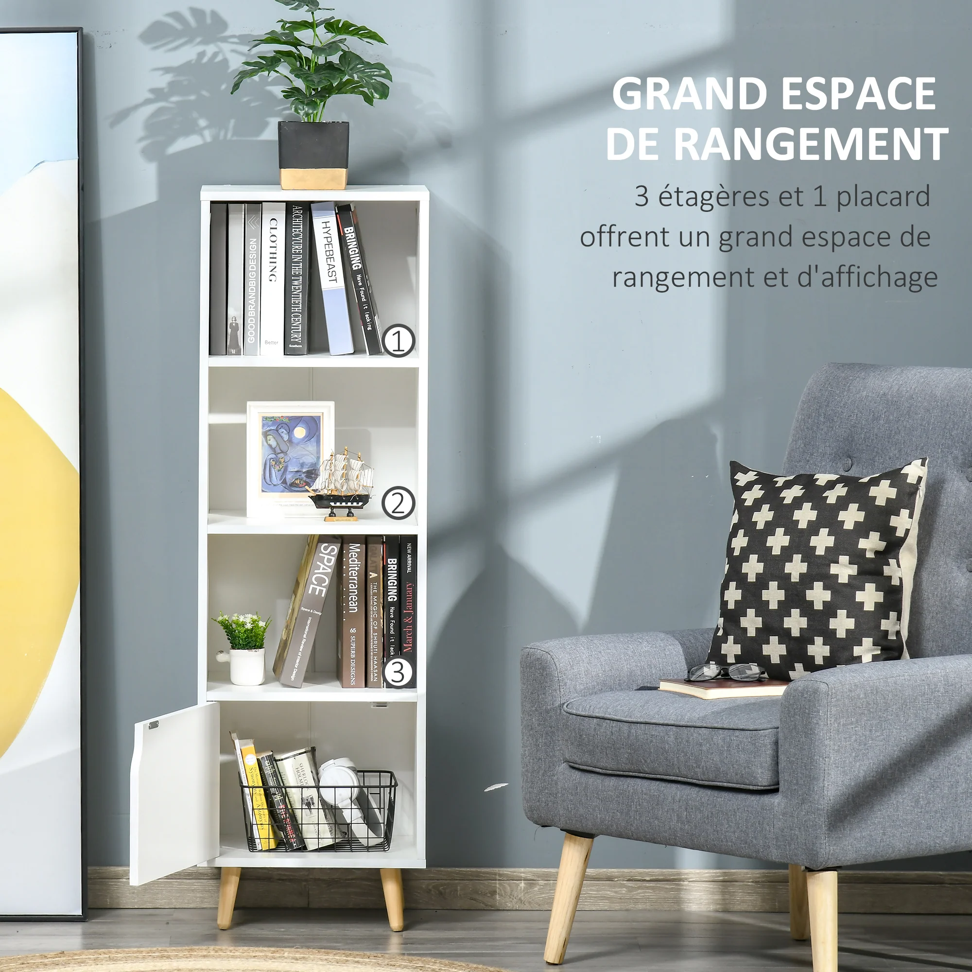 Bibliothèque étagère Rangement Colonne pour Salon, Salle de Bain Blanc en Bois dim. 40L x 30l x 130H cm - Image 5
