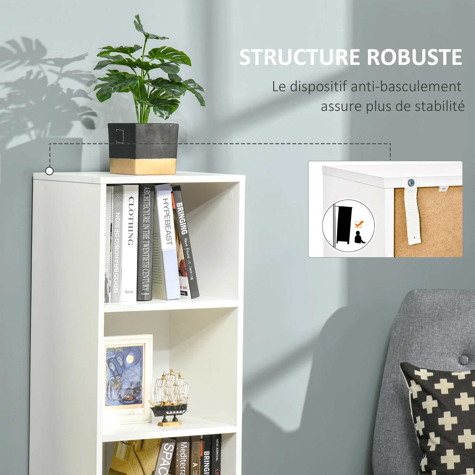 Bibliothèque étagère Rangement Colonne pour Salon, Salle de Bain Blanc en Bois dim. 40L x 30l x 130H cm - Image 6