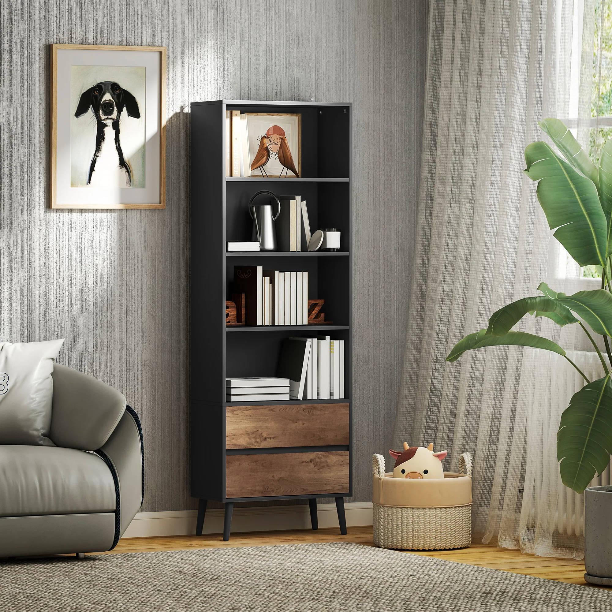 Bibliothèque meuble de rangement étagere à livres avec 4 compartiments ouverts et 2 tiroirs, étagère de rangement pour salon, chambre, bureau, 60 x 30 x 179 cm, gris - Image 10