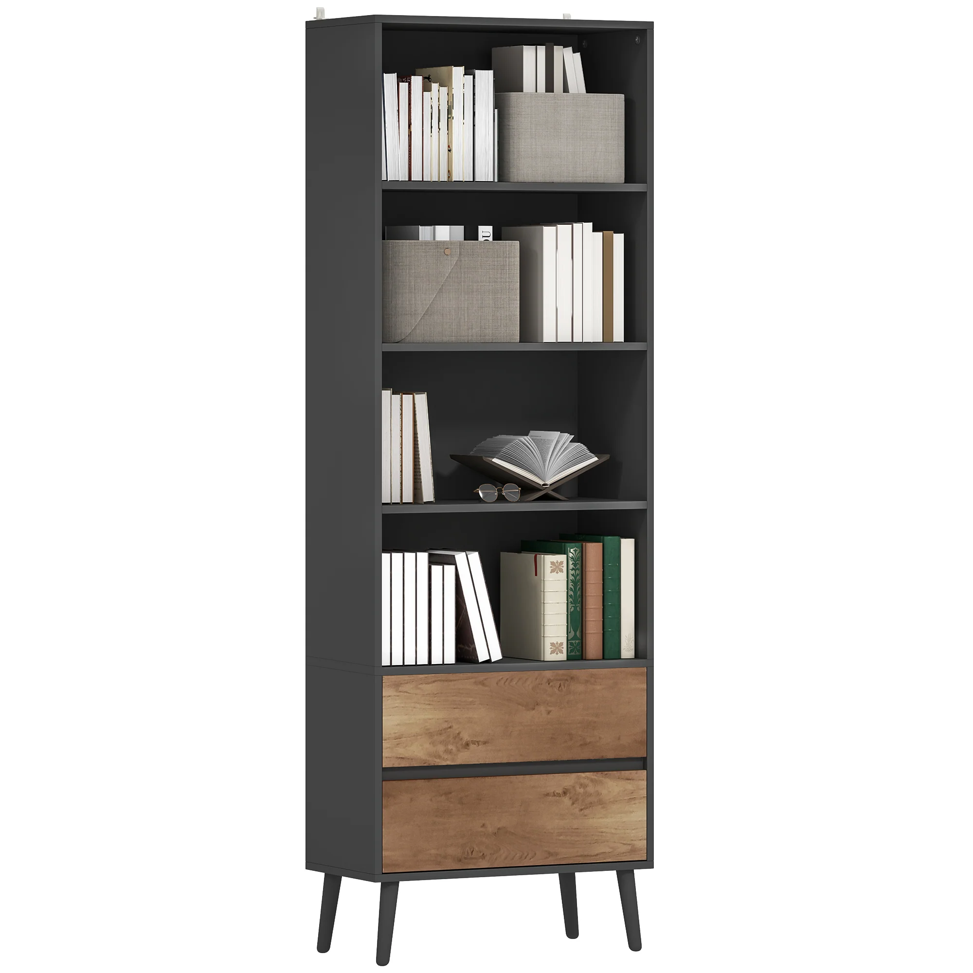 Bibliothèque meuble de rangement étagere à livres avec 4 compartiments ouverts et 2 tiroirs, étagère de rangement pour salon, chambre, bureau, 60 x 30 x 179 cm, gris - Image 11