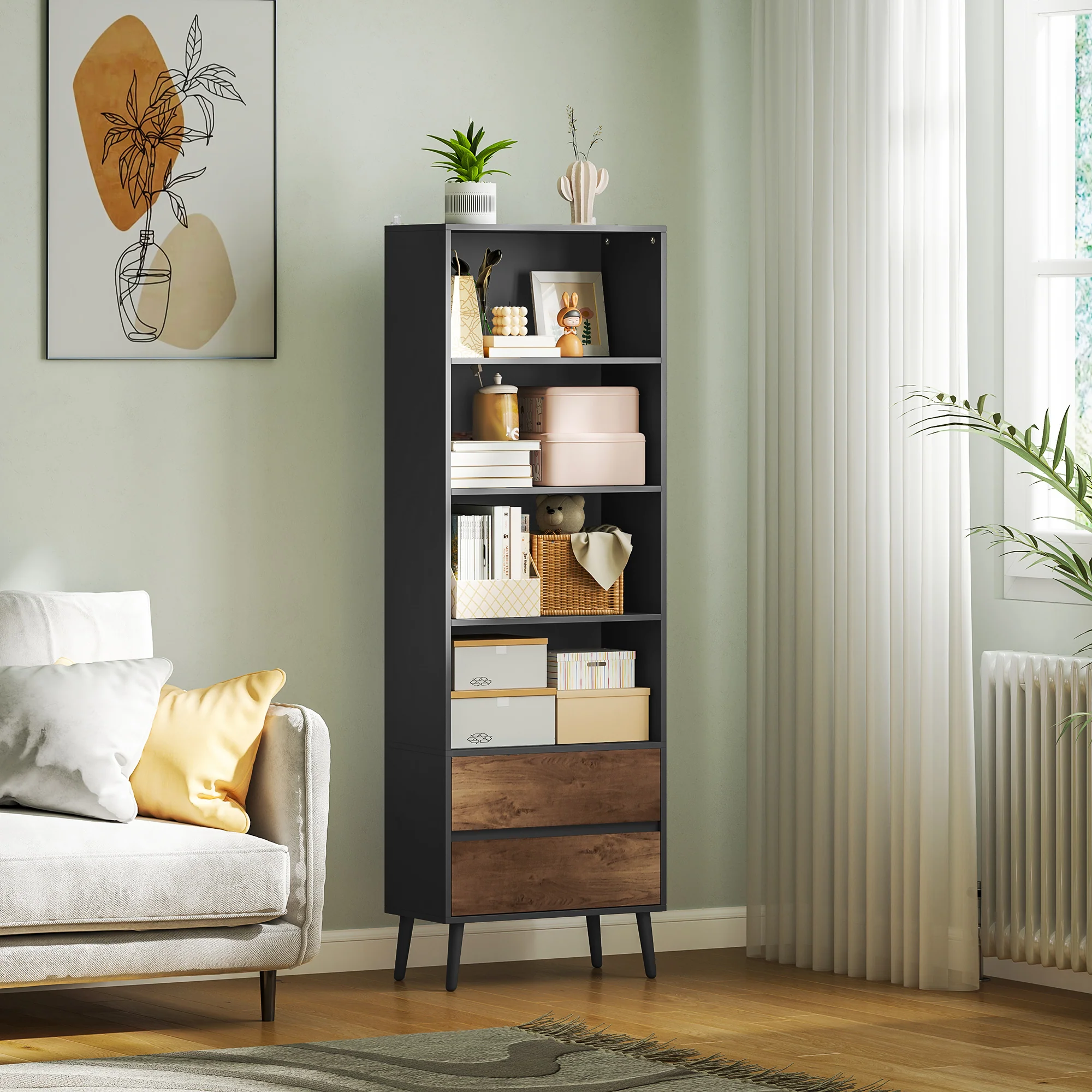 Bibliothèque meuble de rangement étagere à livres avec 4 compartiments ouverts et 2 tiroirs, étagère de rangement pour salon, chambre, bureau, 60 x 30 x 179 cm, gris - Image 3