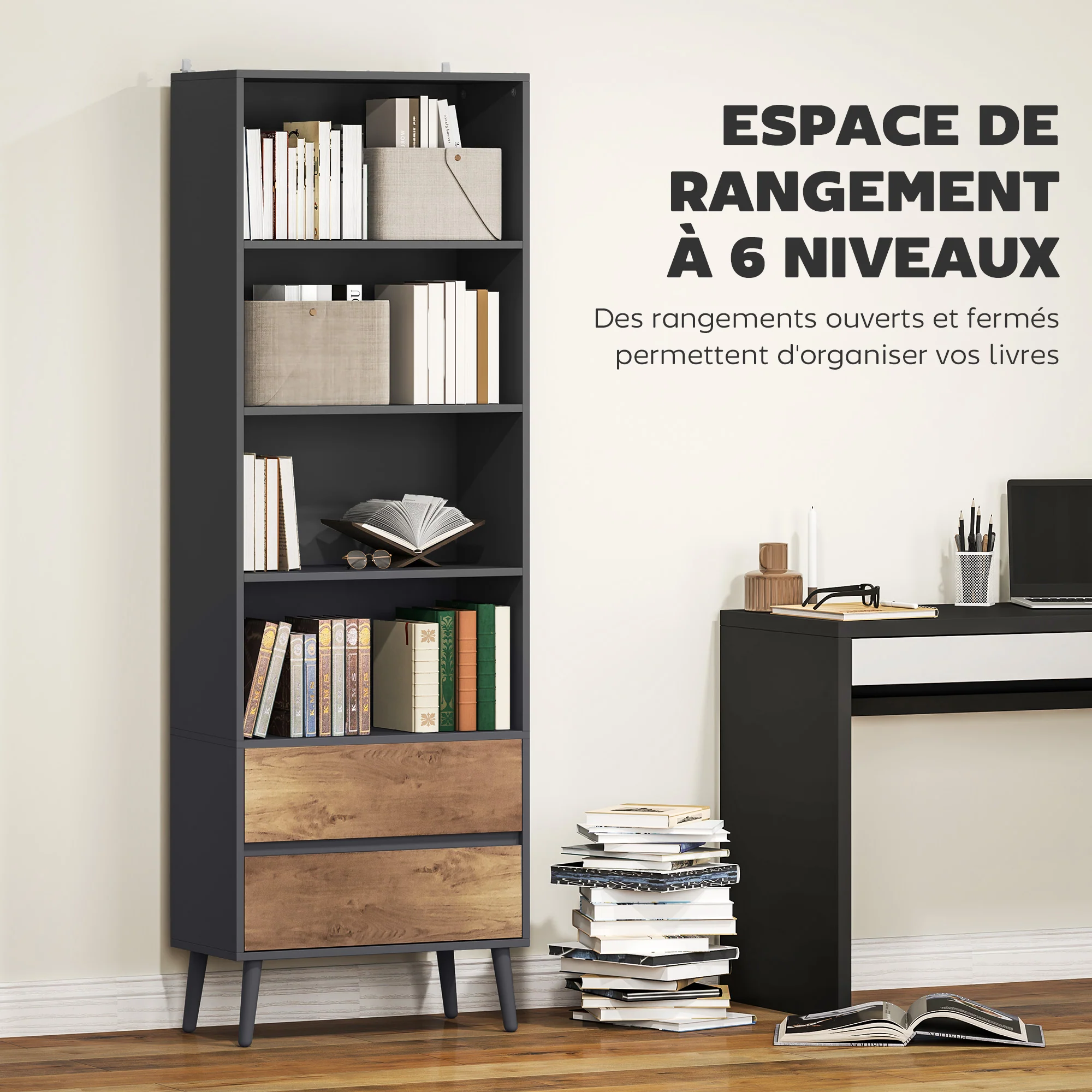 Bibliothèque meuble de rangement étagere à livres avec 4 compartiments ouverts et 2 tiroirs, étagère de rangement pour salon, chambre, bureau, 60 x 30 x 179 cm, gris - Image 5