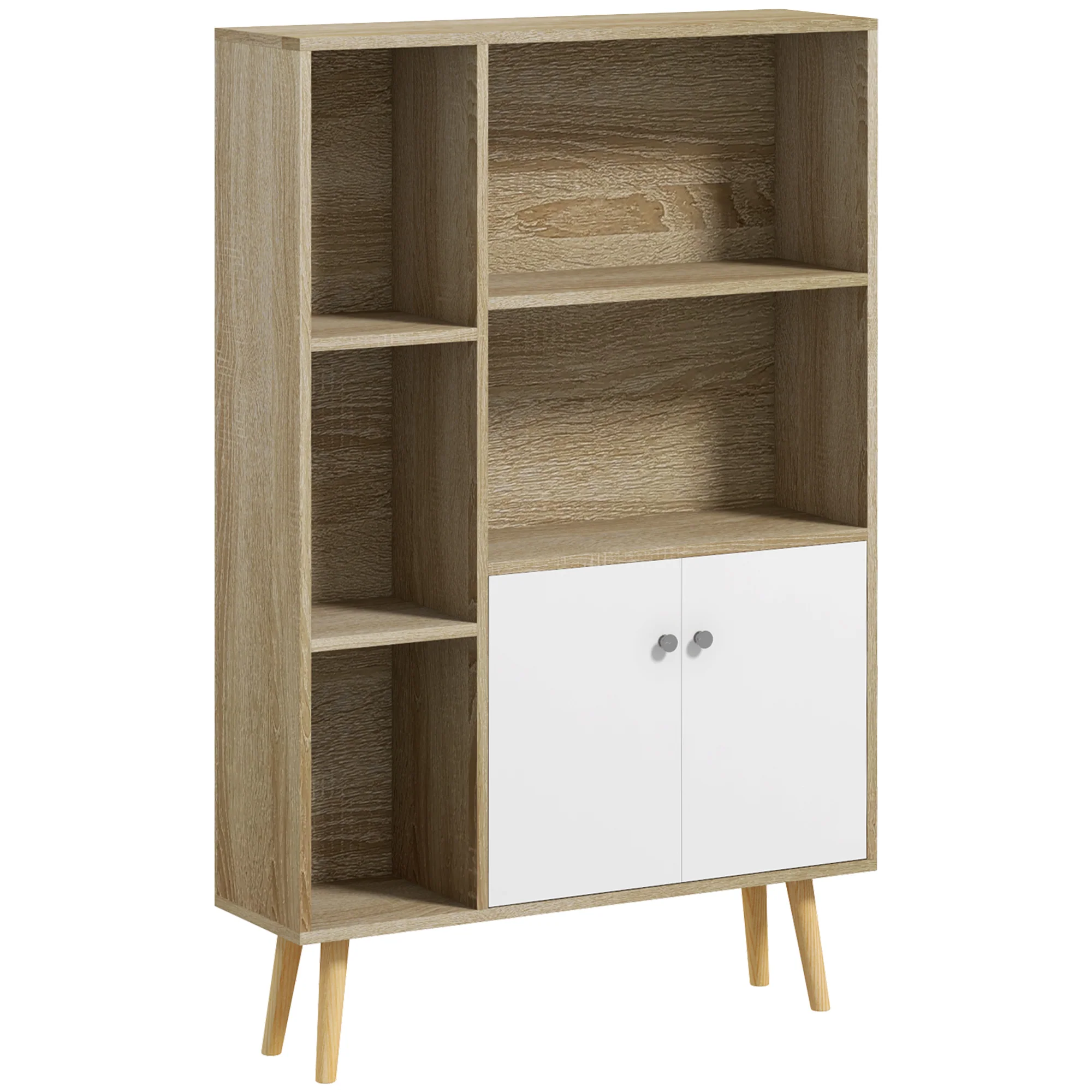 Bibliothèque scandinave meuble de rangement dim. 80L x 23,5l x 123H cm 5 niches placard 2 portes pieds effilés inclinés bois massif Chêne - Image 11