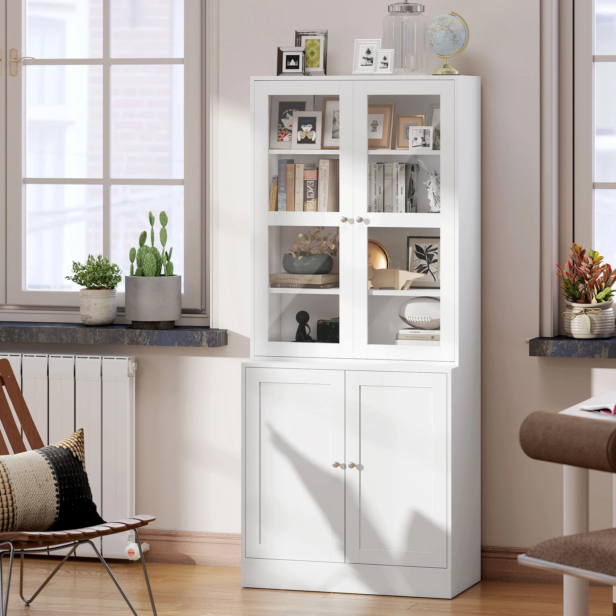 Bibliothèque vitrine, buffet salon, meuble de rangement avec 2 portes verre, 2 portes bois, 4 étagères réglables, pour salon, bureau, chambre, blanc - Image 10