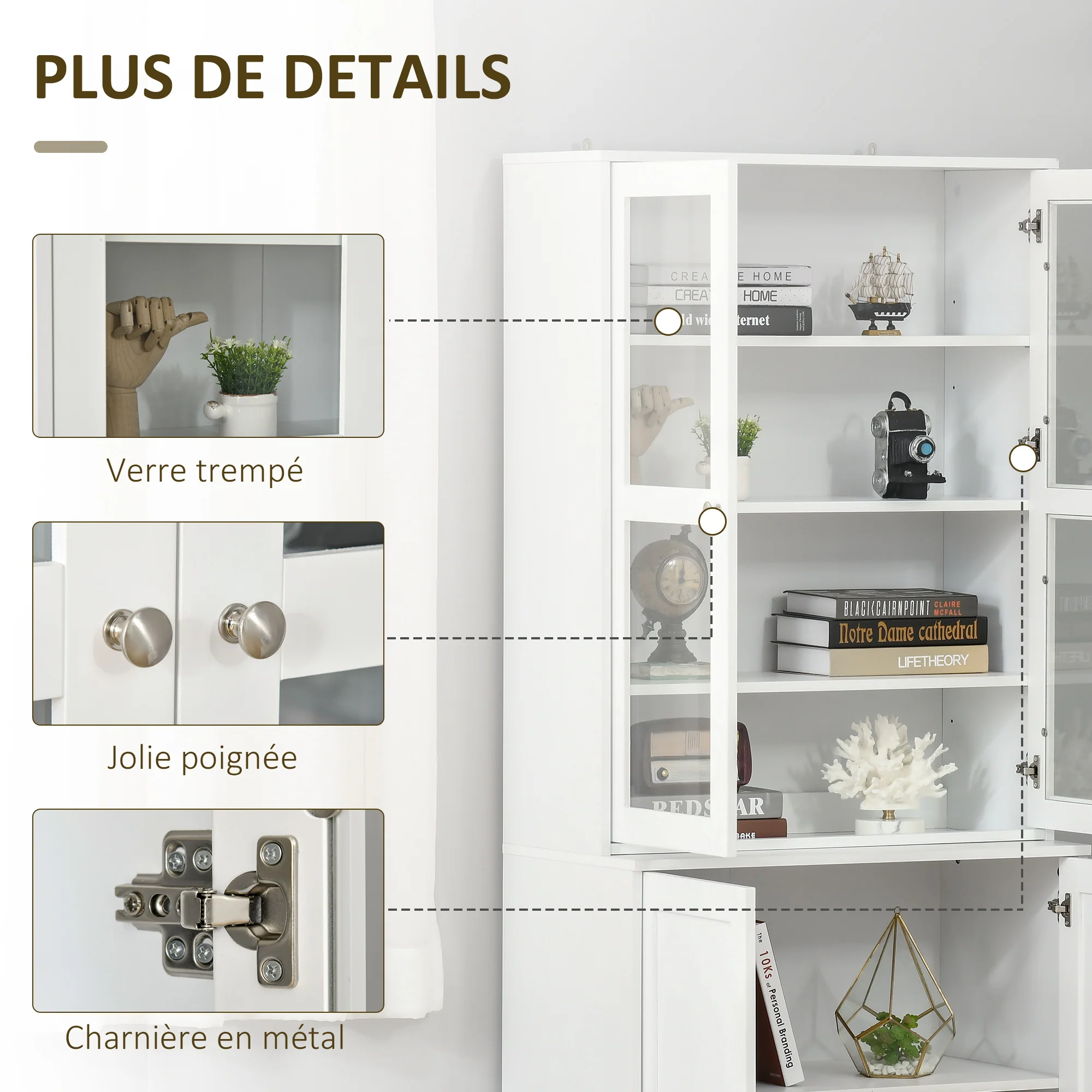 Bibliothèque vitrine, buffet salon, meuble de rangement avec 2 portes verre, 2 portes bois, 4 étagères réglables, pour salon, bureau, chambre, blanc - Image 7