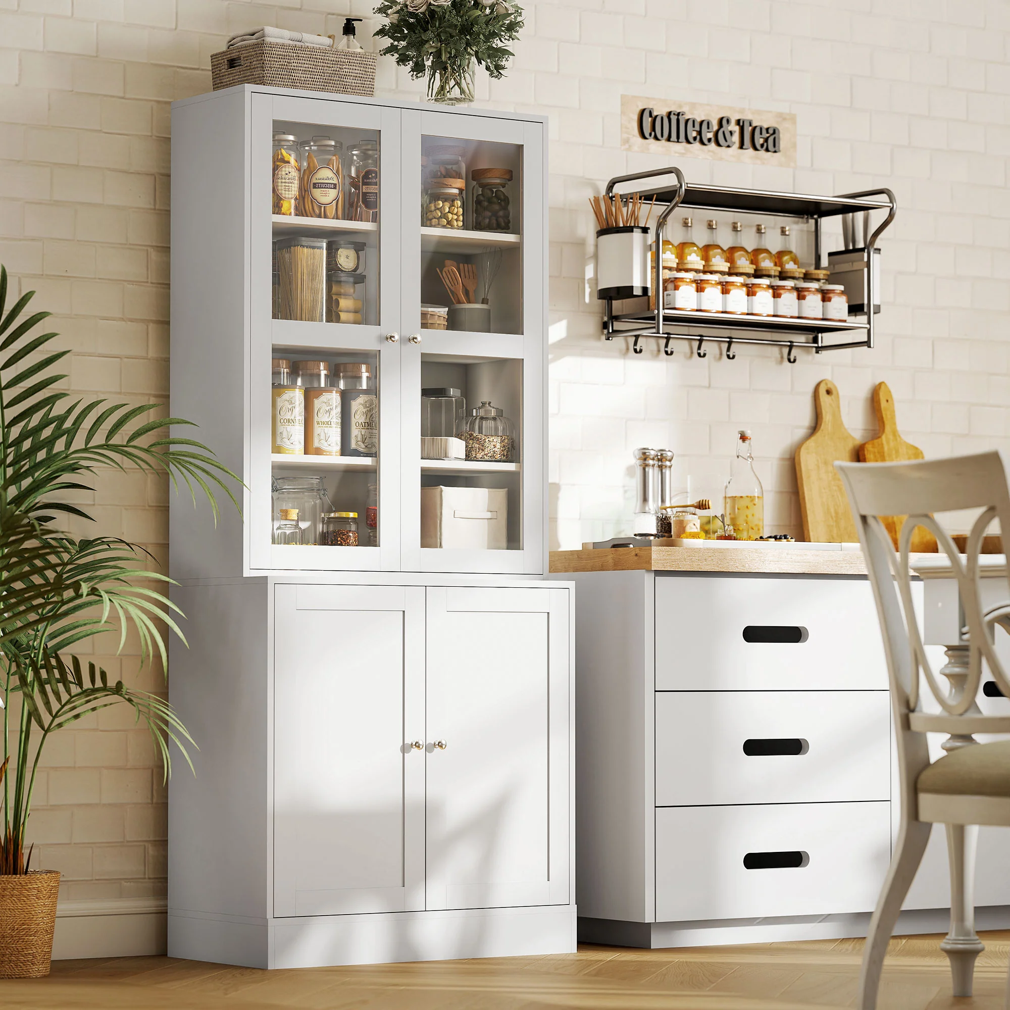Bibliothèque vitrine, buffet salon, meuble de rangement avec 2 portes verre, 2 portes bois, 4 étagères réglables, pour salon, bureau, chambre, blanc - Image 9