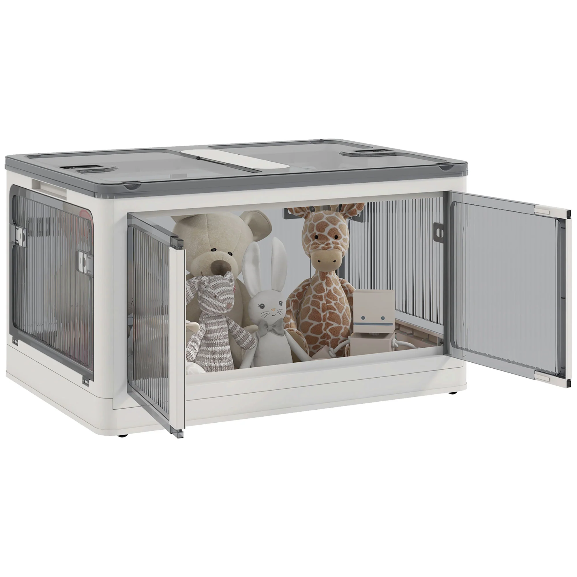 Bo?te de rangement pliable et empilable 99L en plastique, caisse rangement cube avec couvercle et 4 roulettes, accès à 5 c?tés, pour jouets et livres, blanc - Image 10