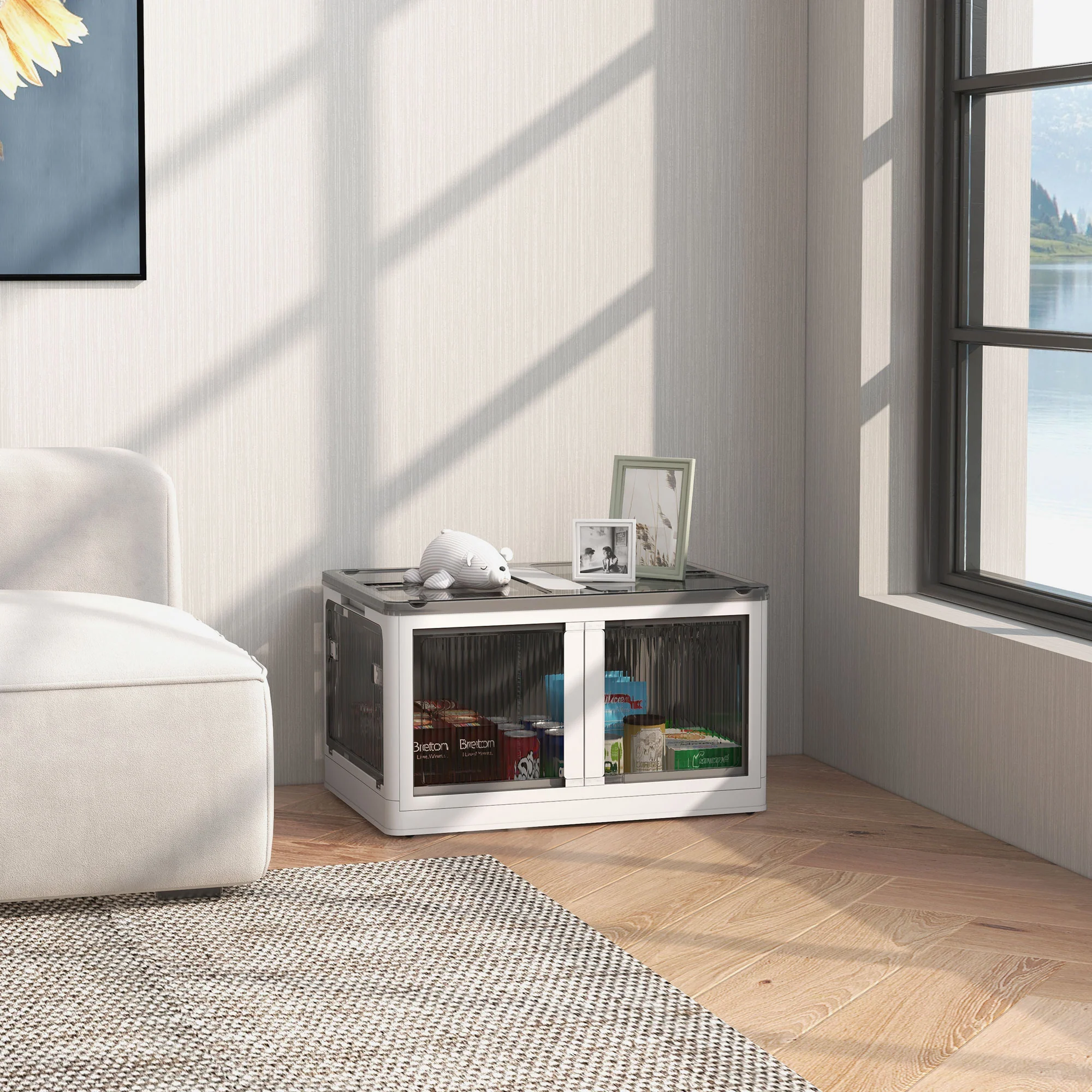 Bo?te de rangement pliable et empilable 99L en plastique, caisse rangement cube avec couvercle et 4 roulettes, accès à 5 c?tés, pour jouets et livres, blanc - Image 3