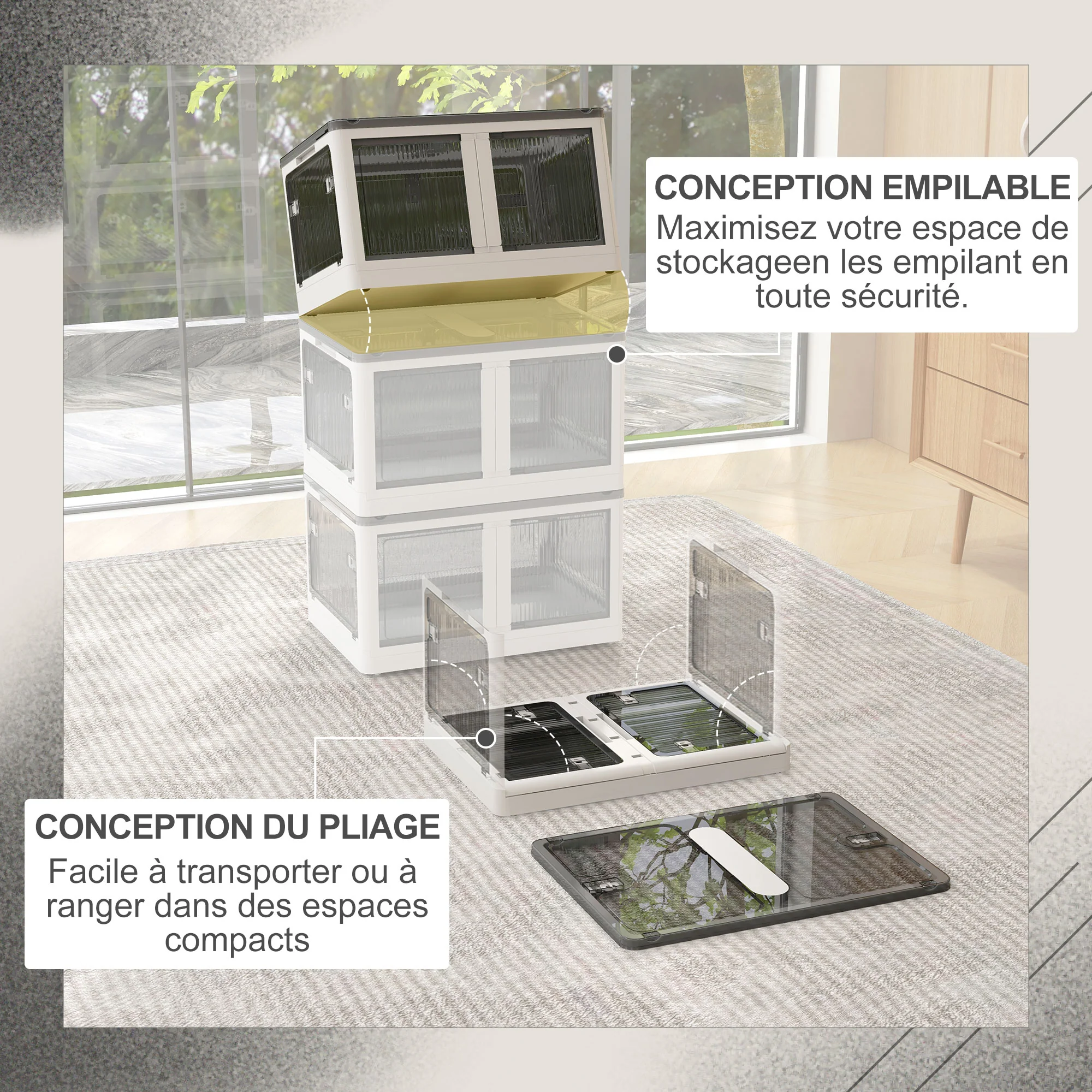 Bo?te de rangement pliable et empilable 99L en plastique, caisse rangement cube avec couvercle et 4 roulettes, accès à 5 c?tés, pour jouets et livres, blanc - Image 5