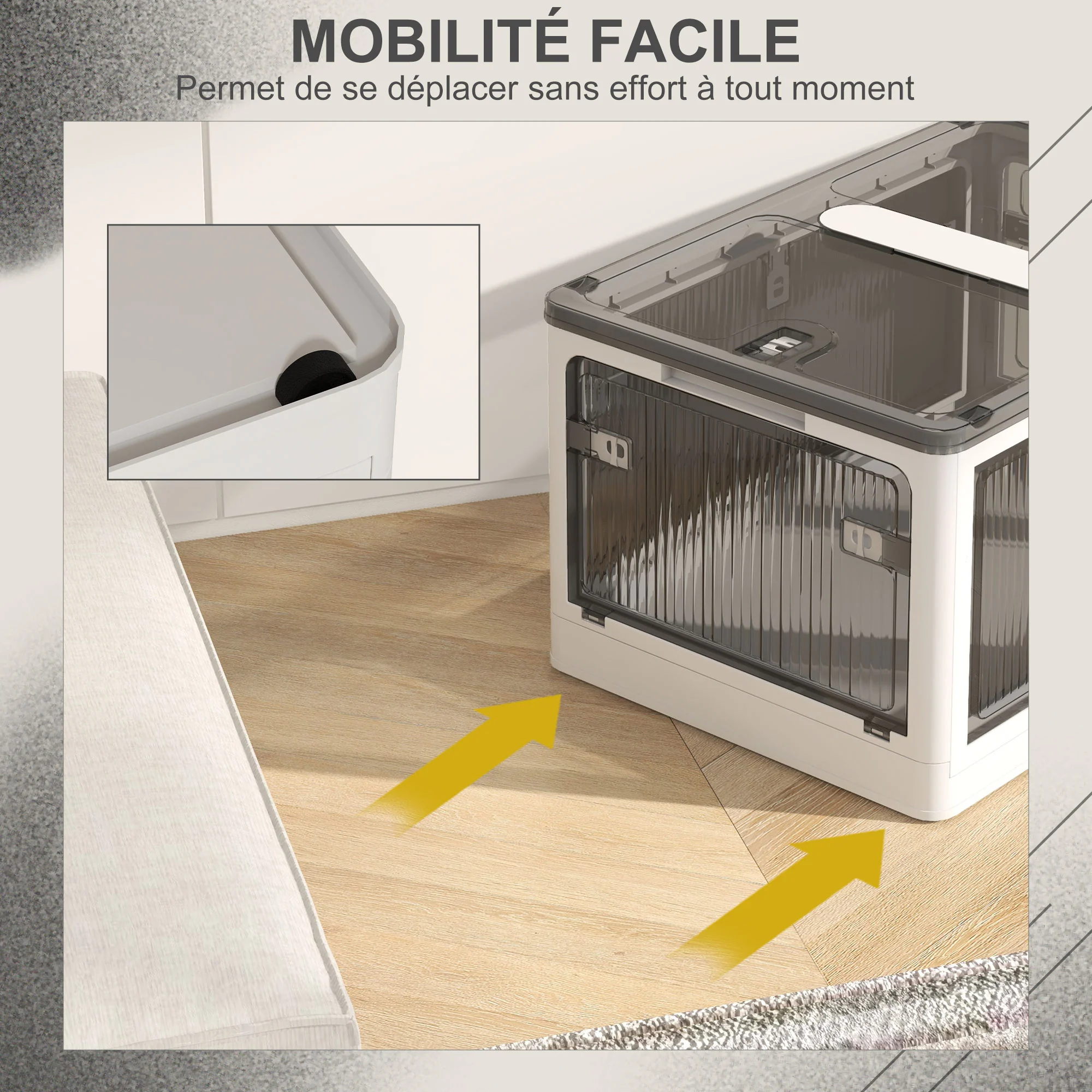 Bo?te de rangement pliable et empilable 99L en plastique, caisse rangement cube avec couvercle et 4 roulettes, accès à 5 c?tés, pour jouets et livres, blanc - Image 7