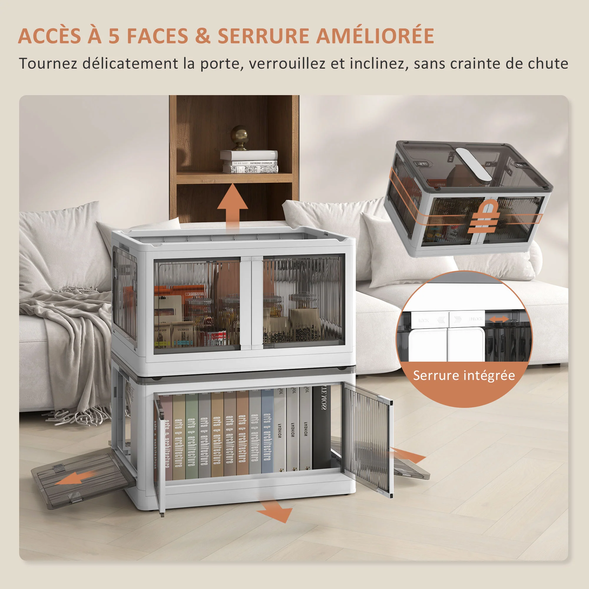Bo?tes de rangement pliables et empilables 69L en plastique, caisses rangement 3 cubes avec couvercle et 4 roulettes, accès à 5 c?tés, pour jouets et livres, blanc - Image 5