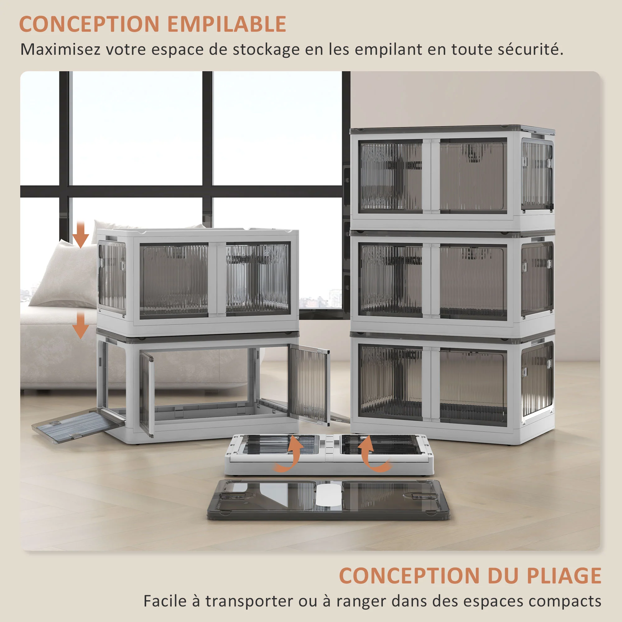 Bo?tes de rangement pliables et empilables 69L en plastique, caisses rangement 3 cubes avec couvercle et 4 roulettes, accès à 5 c?tés, pour jouets et livres, blanc - Image 6