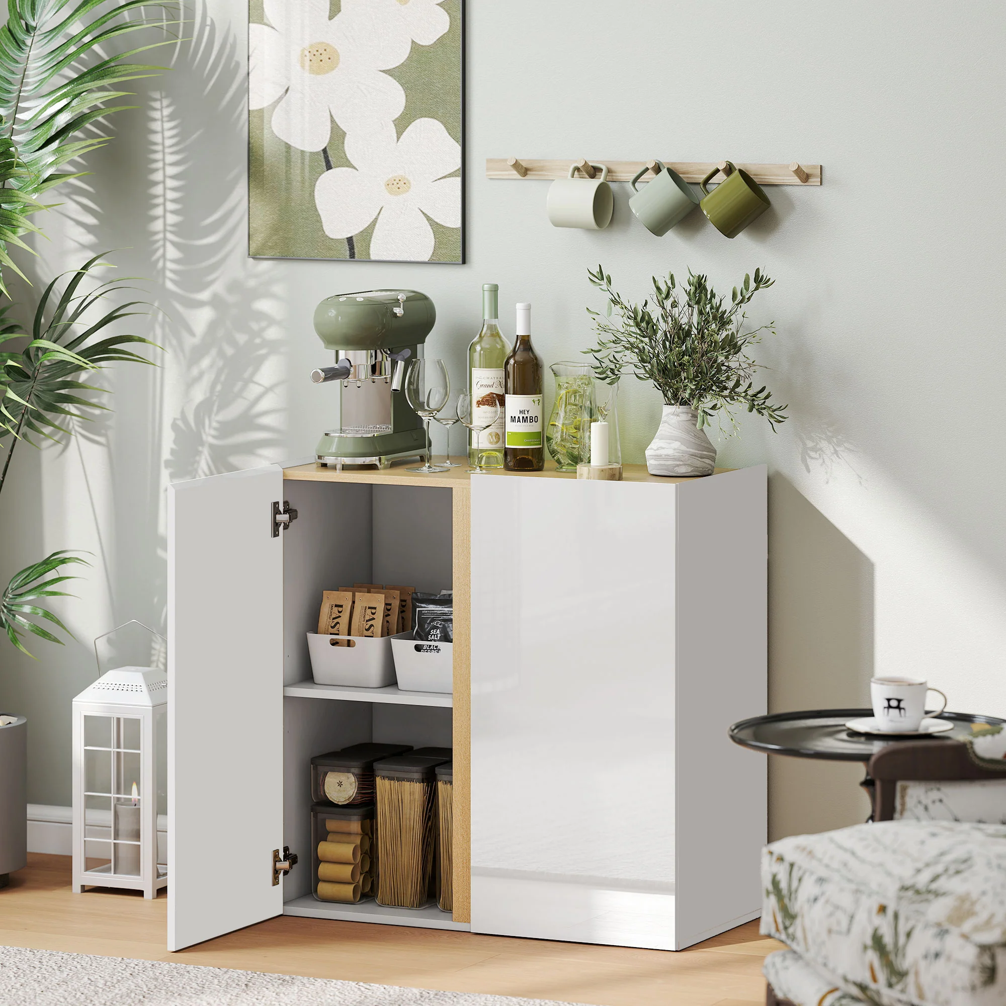 Buffet à haute brillance, meuble de rangement avec 2 portes à fermeture amortie et étagère réglable, style moderne, buffet salle à manger, cuisine et salon, 80 x 40 x 80 cm, blanc - Image 3