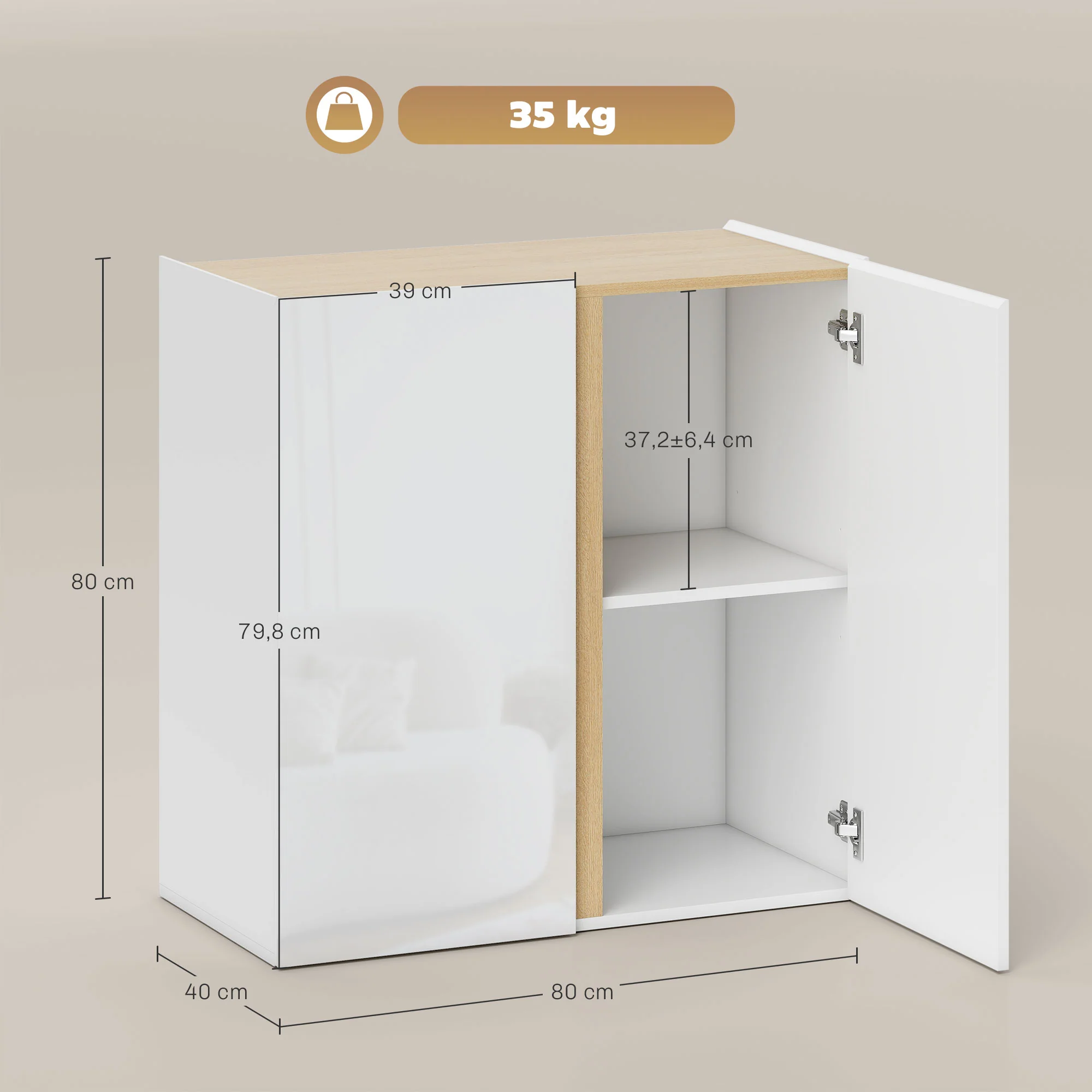 Buffet à haute brillance, meuble de rangement avec 2 portes à fermeture amortie et étagère réglable, style moderne, buffet salle à manger, cuisine et salon, 80 x 40 x 80 cm, blanc - Image 4