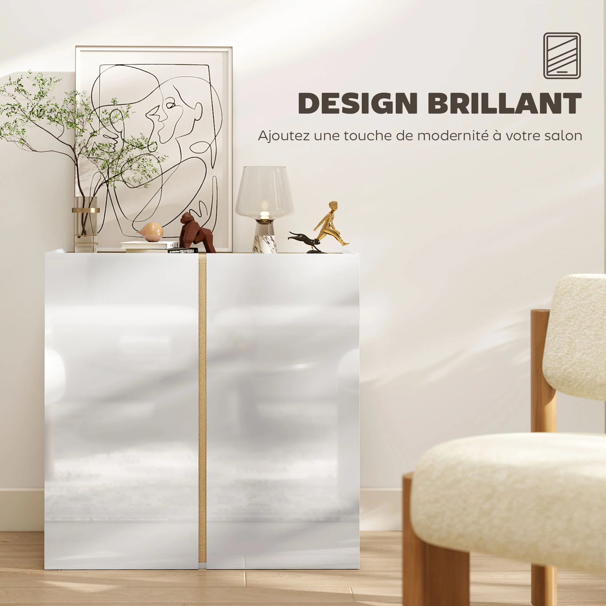 Buffet à haute brillance, meuble de rangement avec 2 portes à fermeture amortie et étagère réglable, style moderne, buffet salle à manger, cuisine et salon, 80 x 40 x 80 cm, blanc - Image 5